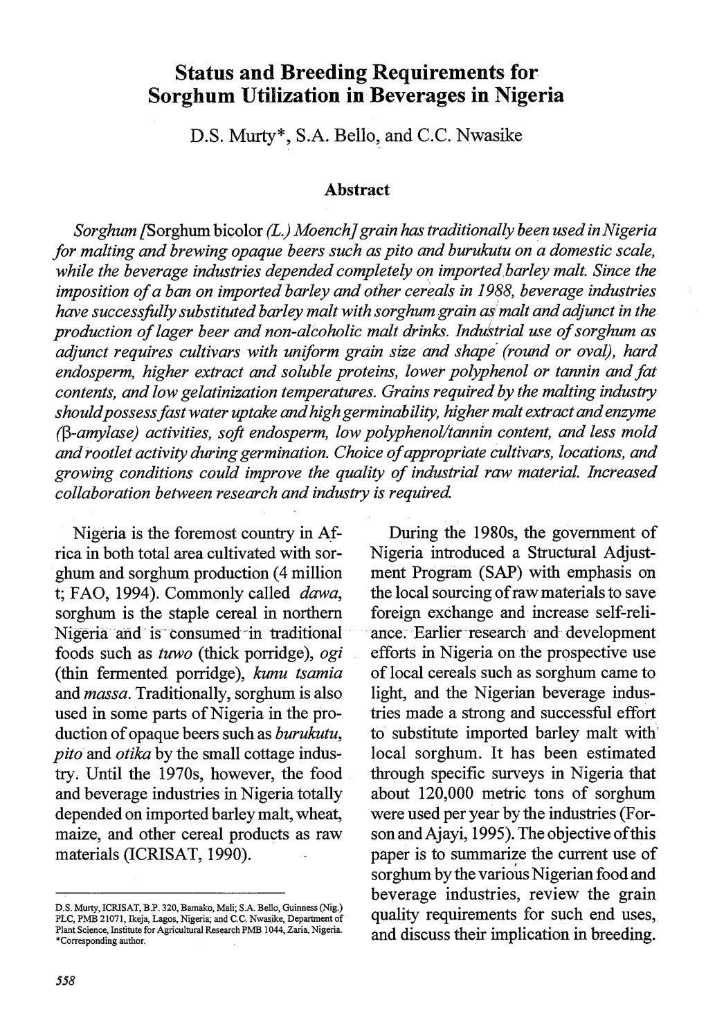 Status and Breeding Requirements for Sorghum Utilization in Beverages in Nigeria