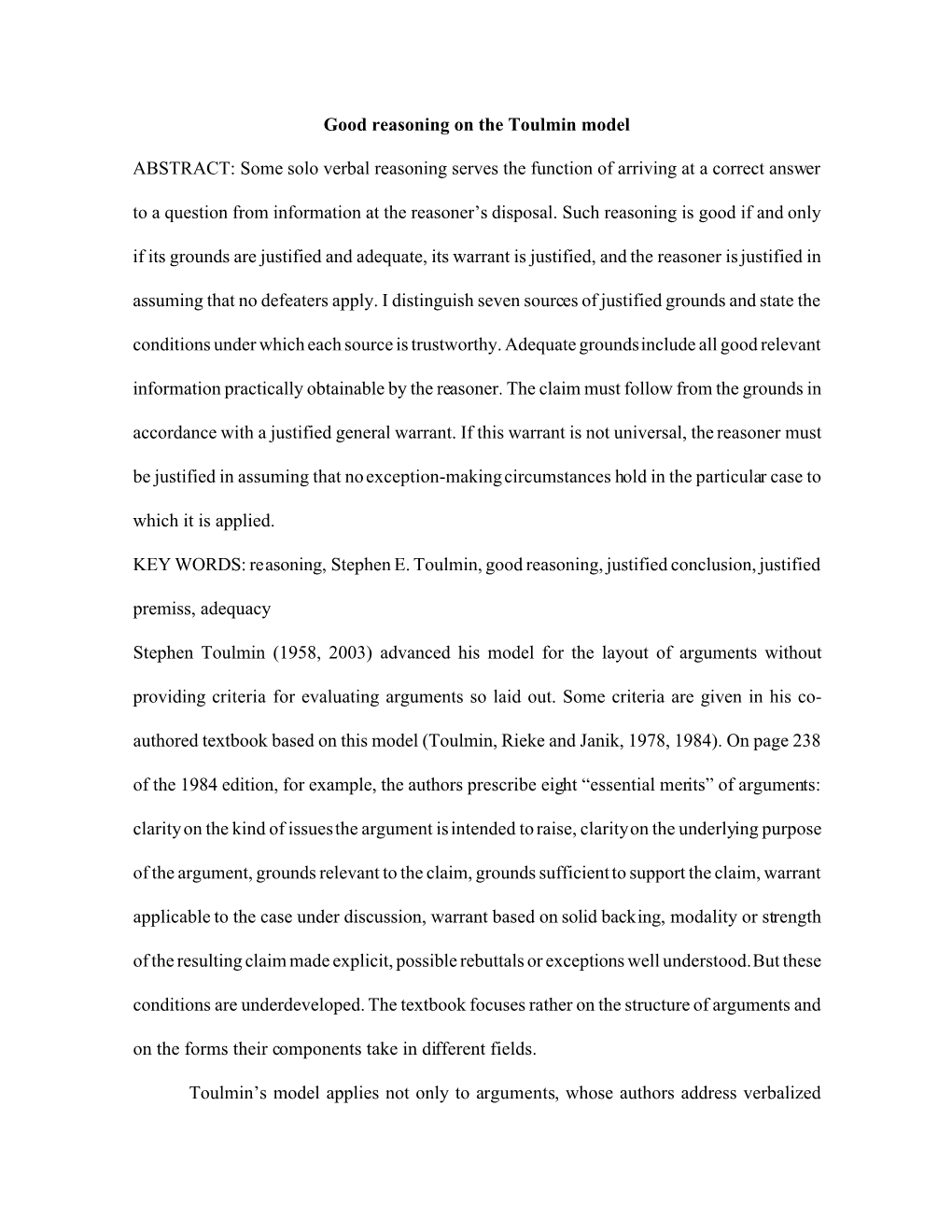 Good Reasoning on the Toulmin Model ABSTRACT: Some Solo Verbal