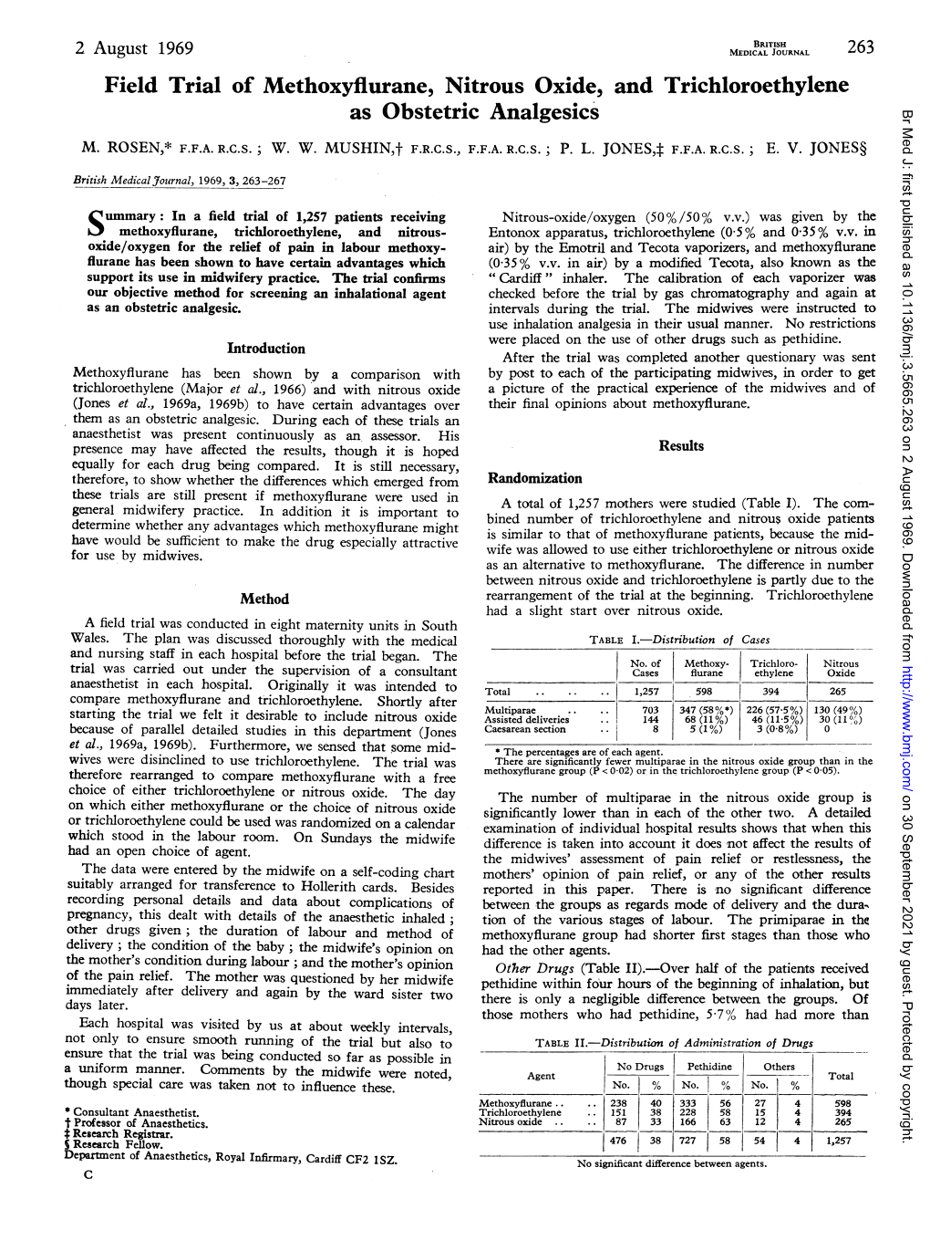 Field Trial of Methoxyflurane, Nitrous Oxide, and Trichloroethylene As Obstetric Analgesics Br Med J: First Published As 10.1136/Bmj.3.5665.263 on 2 August 1969