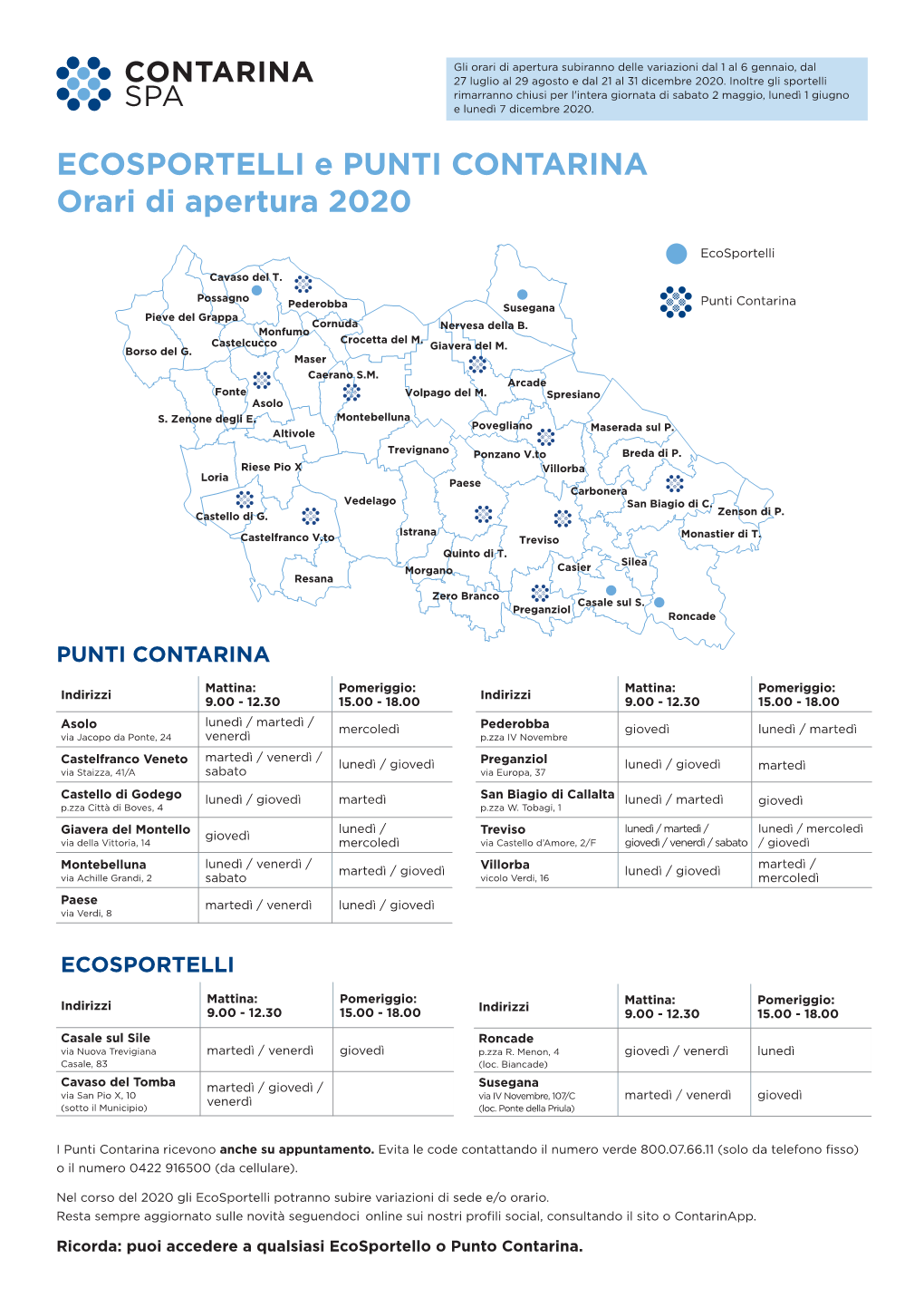 ECOSPORTELLI E PUNTI CONTARINA Orari Di Apertura 2020