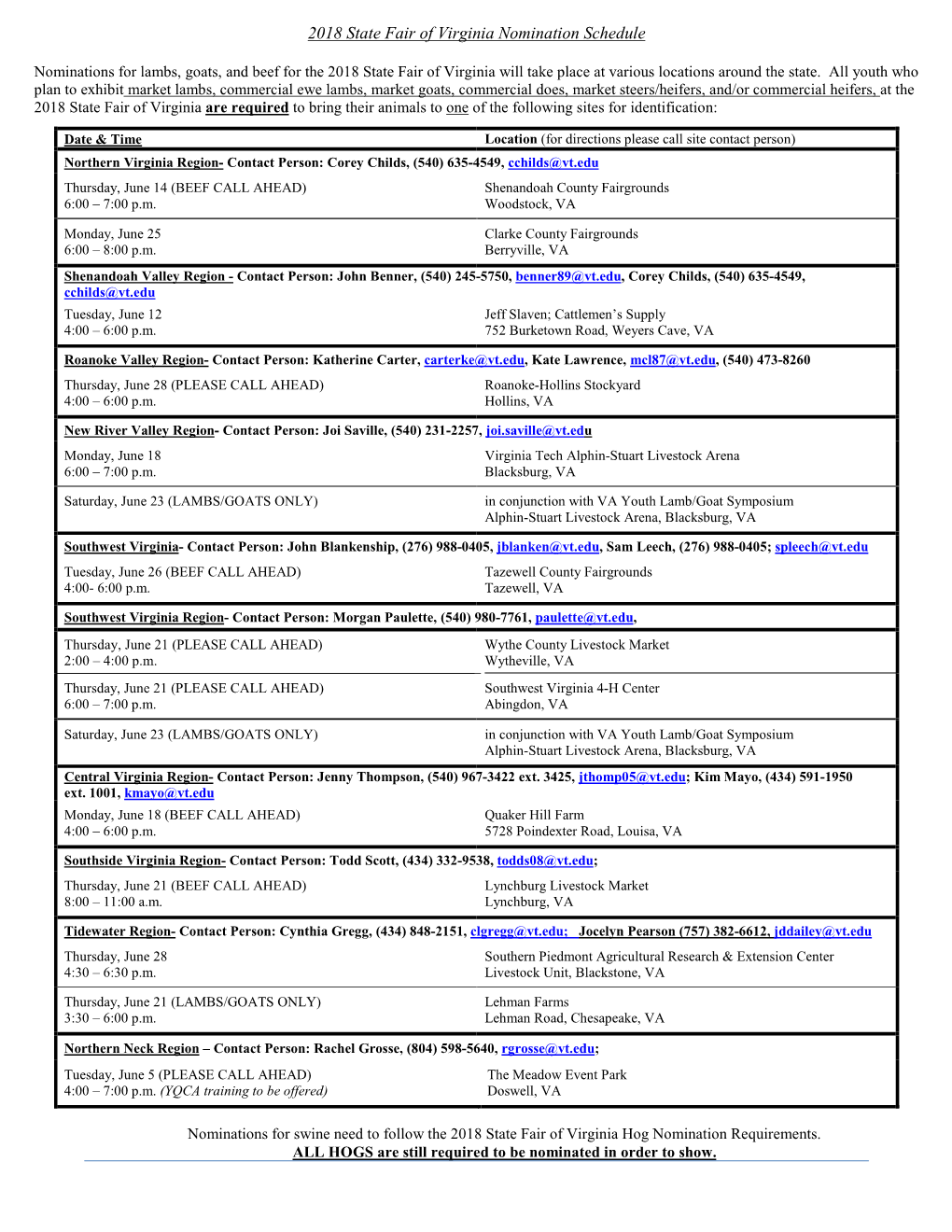 2018 State Fair of Virginia Nomination Schedule