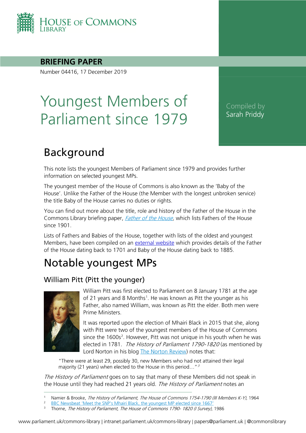 Youngest Members of Parliament Since 1979 and Provides Further Information on Selected Youngest Mps