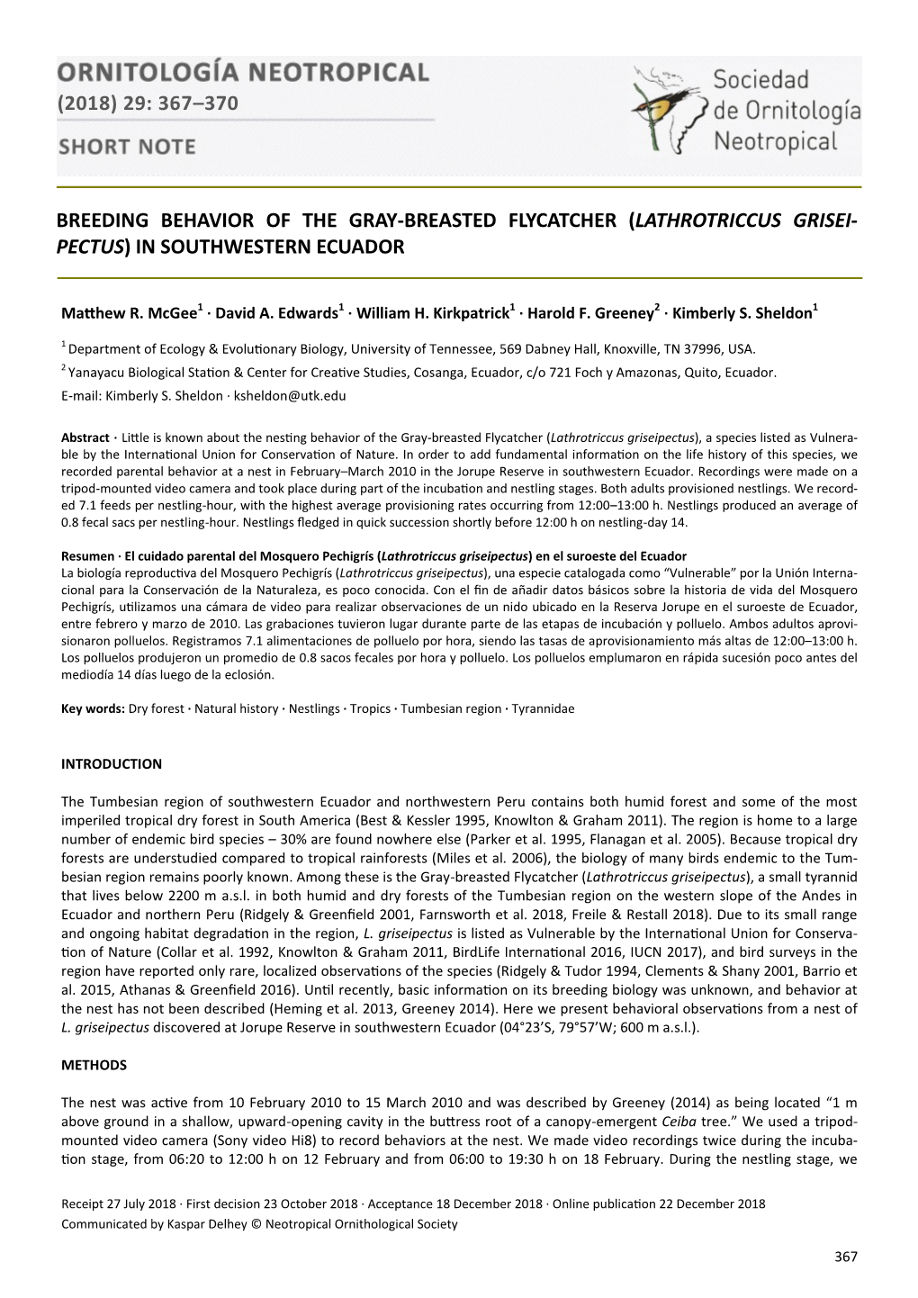 Breeding Behavior of the Gray-Breasted Flycatcher (Lathrotriccus Grisei- Pectus) in Southwestern Ecuador