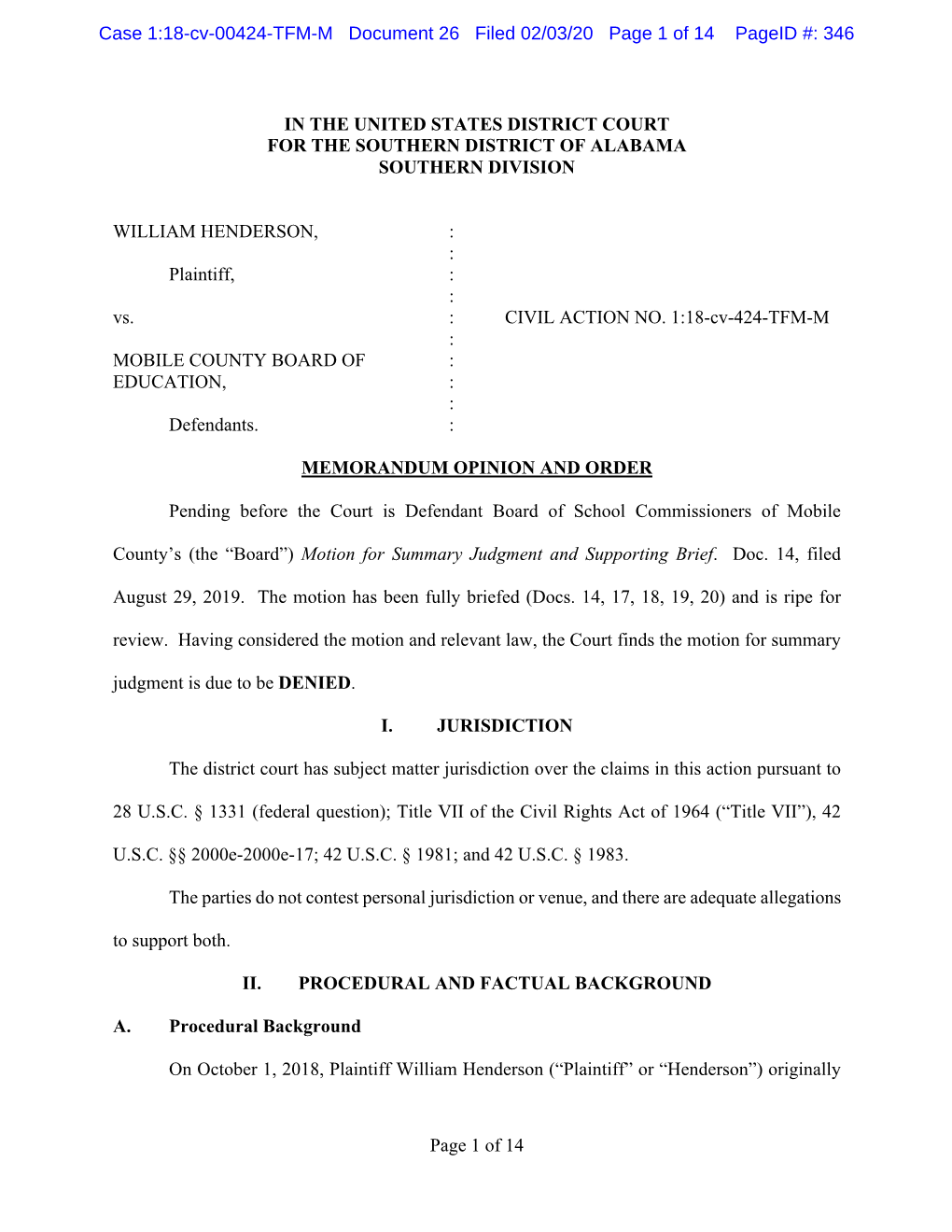 Page 1 of 14 in the UNITED STATES DISTRICT COURT for THE