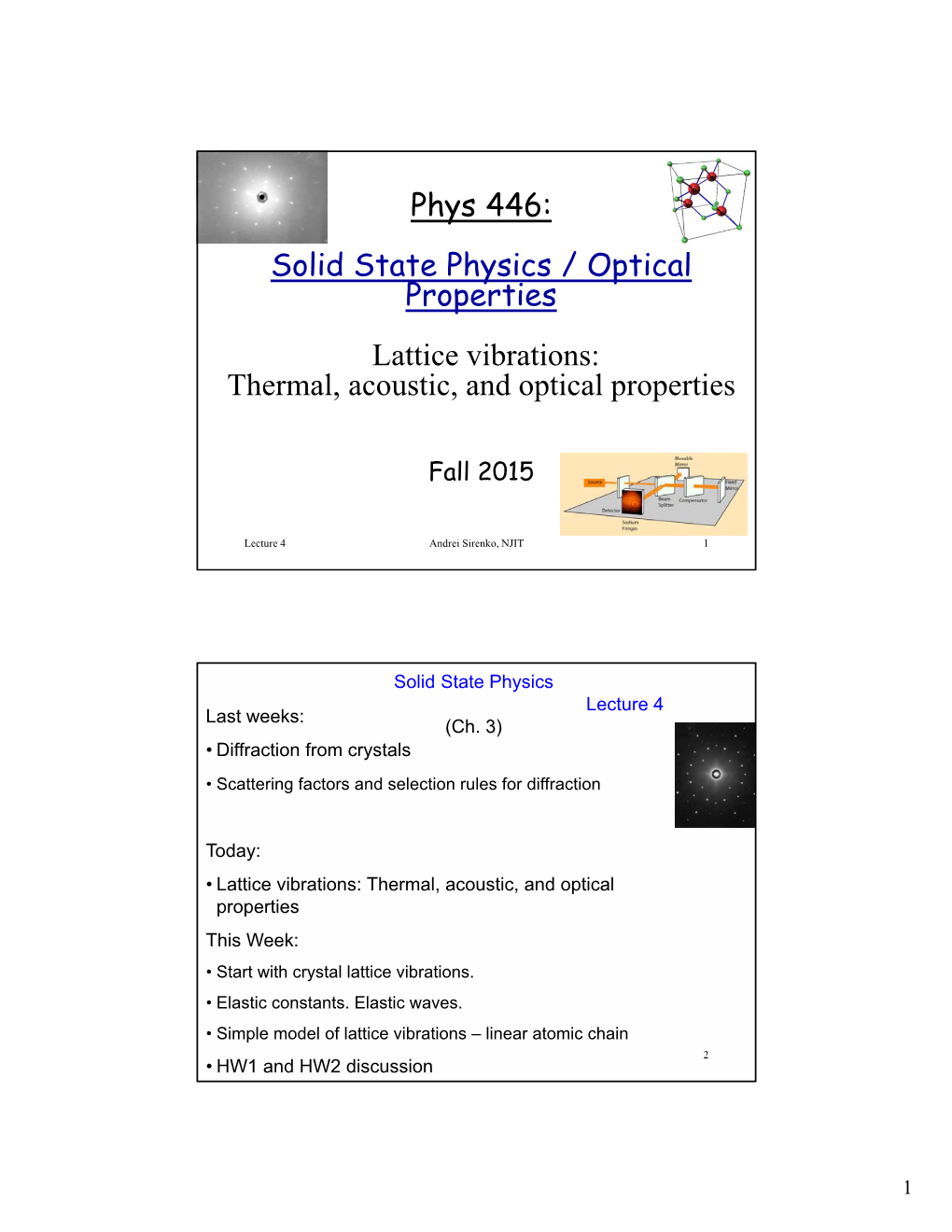 Phys 446: Solid State Physics / Optical Properties Lattice Vibrations: Thermal, Acoustic, and Optical Properties