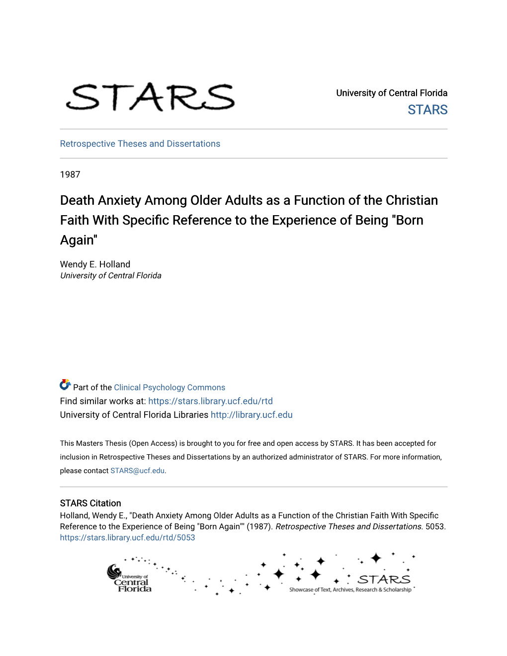 Death Anxiety Among Older Adults As a Function of the Christian Faith with Specific Reference to the Experience of Being "Born Again"