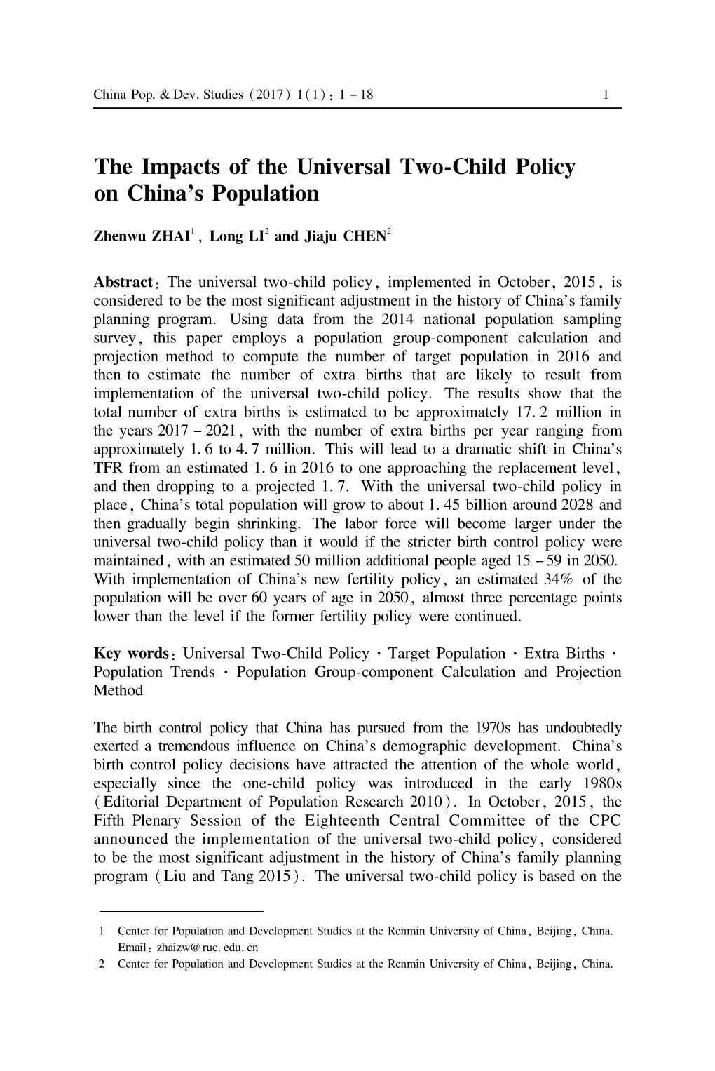 The Impacts of the Universal Two-Child Policy on China's Population