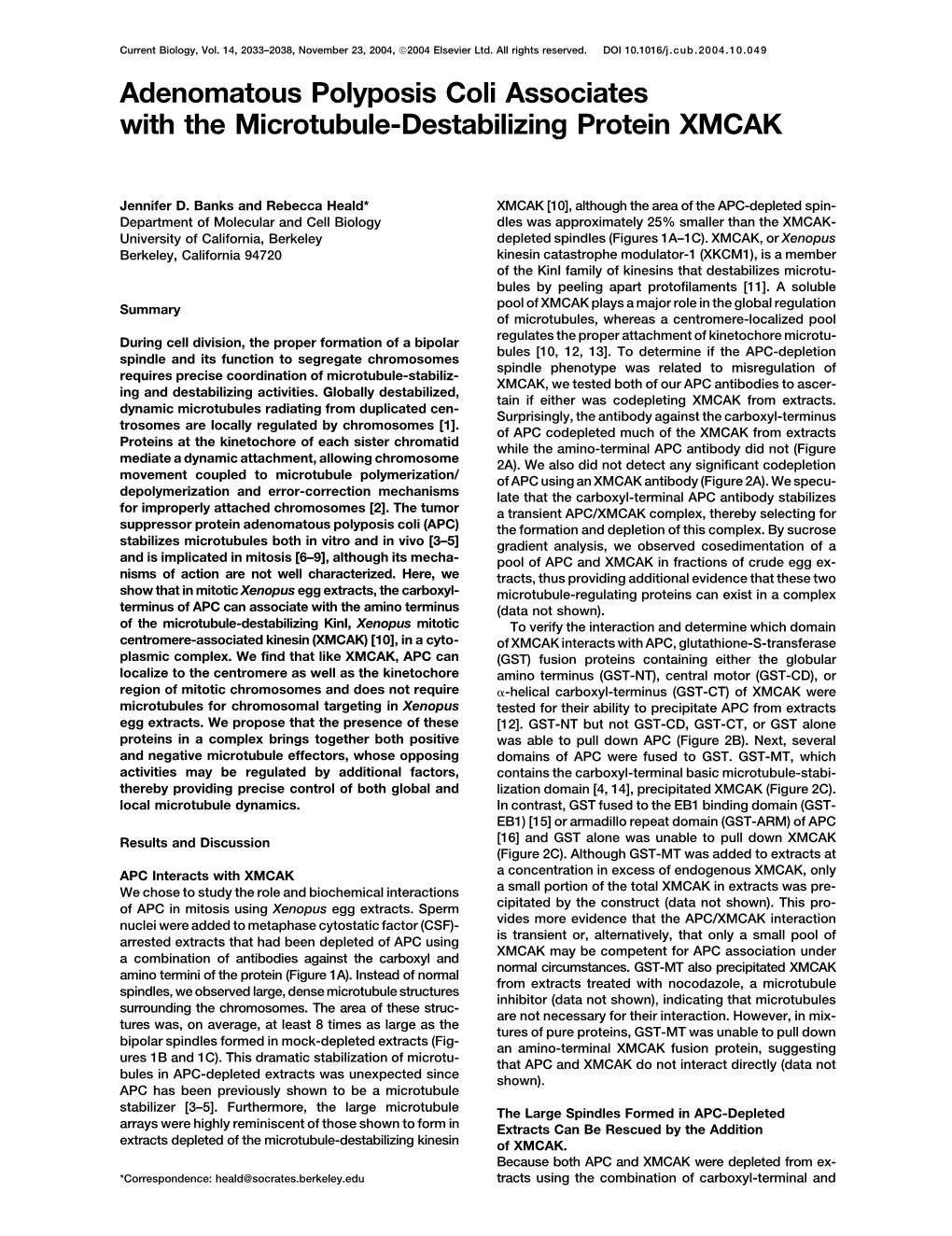 Adenomatous Polyposis Coli Associates with the Microtubule-Destabilizing Protein XMCAK