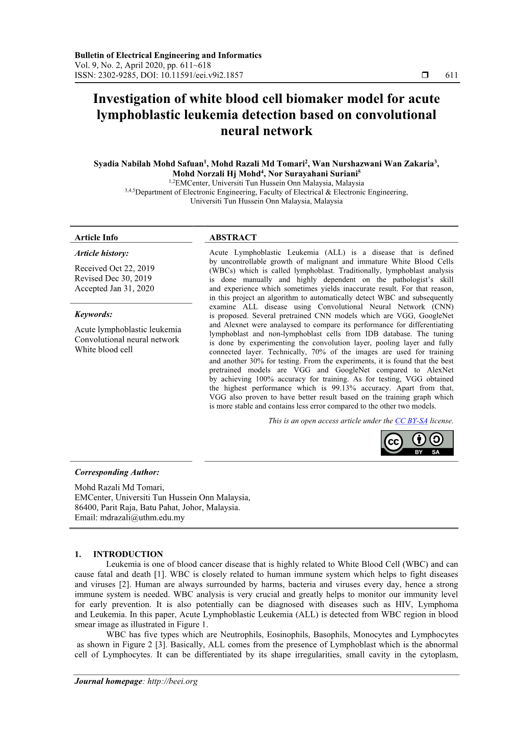 Investigation of White Blood Cell Biomaker Model for Acute Lymphoblastic Leukemia Detection Based on Convolutional Neural Network