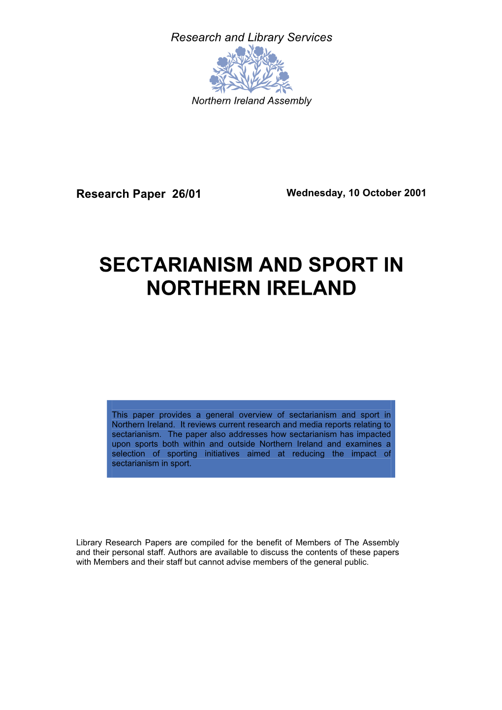 Research Paper: Sectarianism and Sport in NI