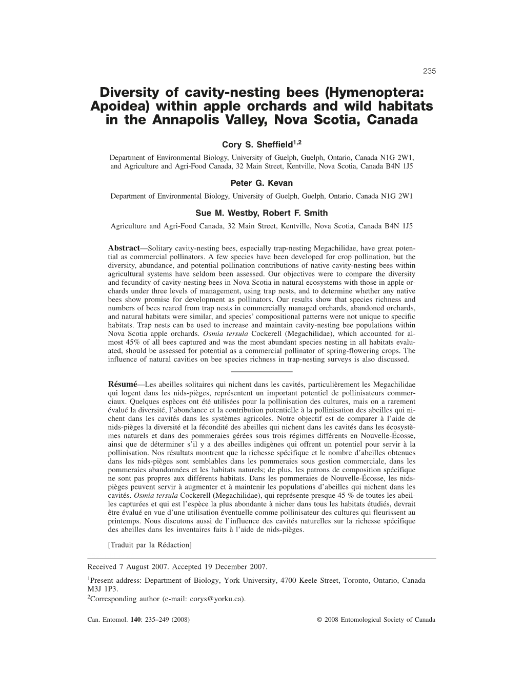 Diversity of Cavity Nesting Bees Within Apple Orchards and Wild Habitats In