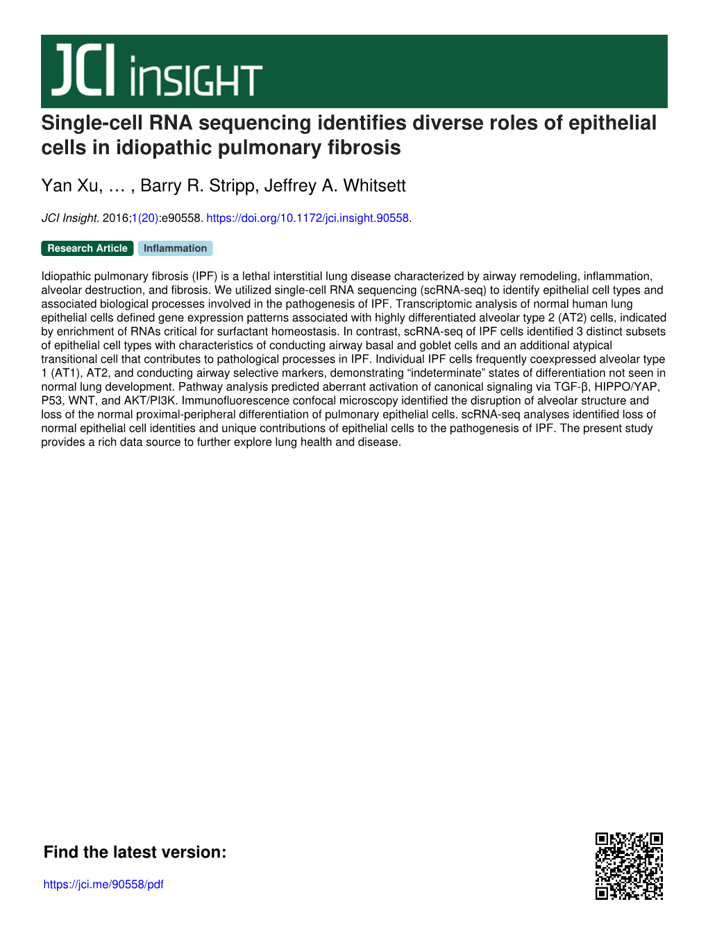 Single-Cell RNA Sequencing Identifies Diverse Roles of Epithelial Cells in Idiopathic Pulmonary Fibrosis