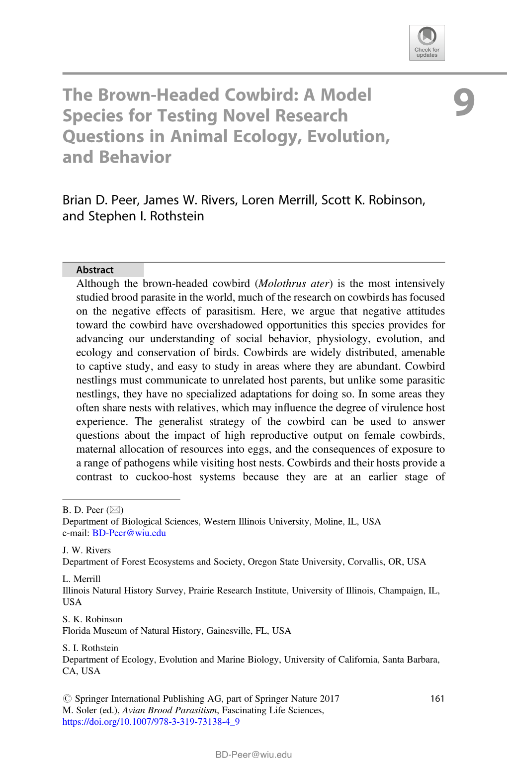 The Brown-Headed Cowbird: a Model Species for Testing Novel Research 9 Questions in Animal Ecology, Evolution, and Behavior