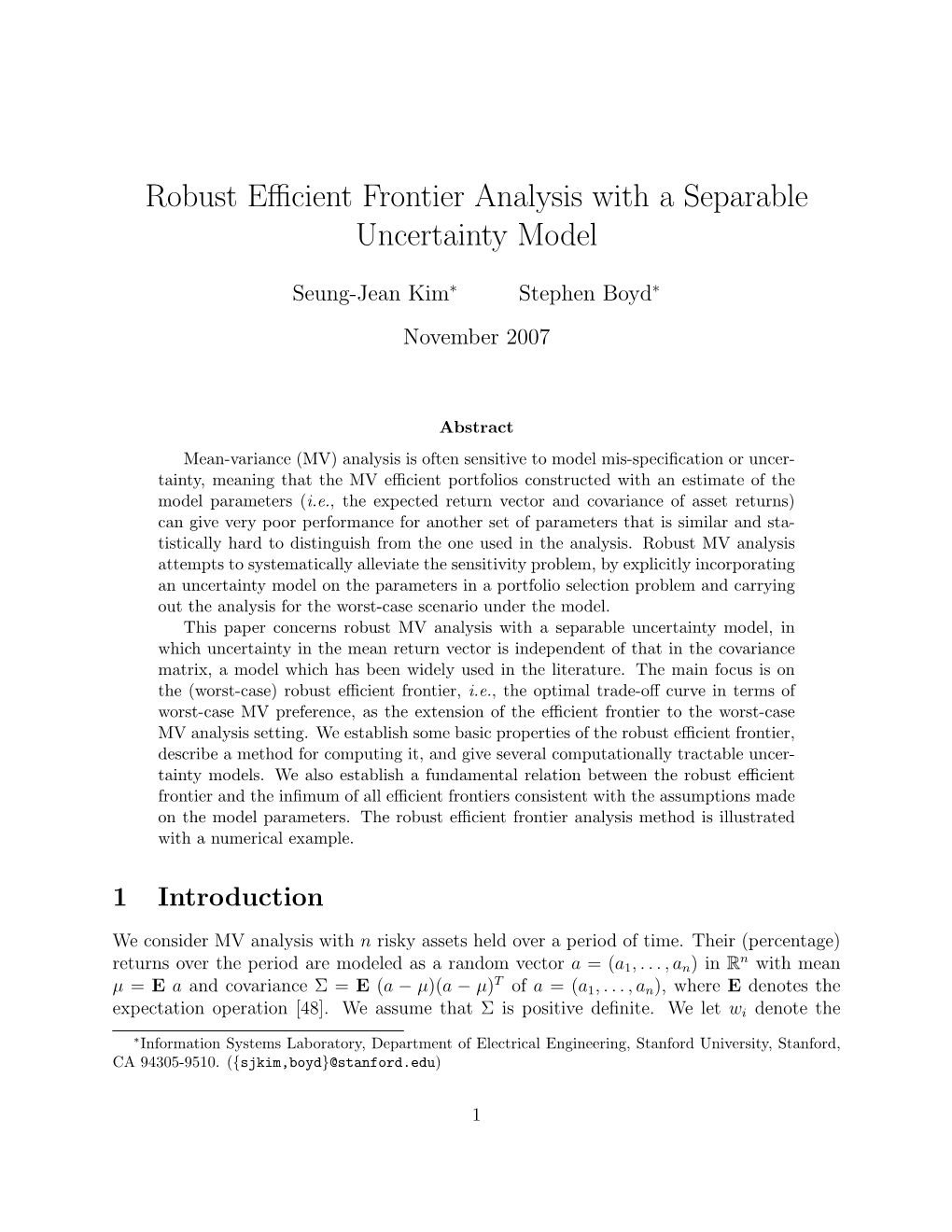 Robust Efficient Frontier Analysis with a Separable Uncertainty Model