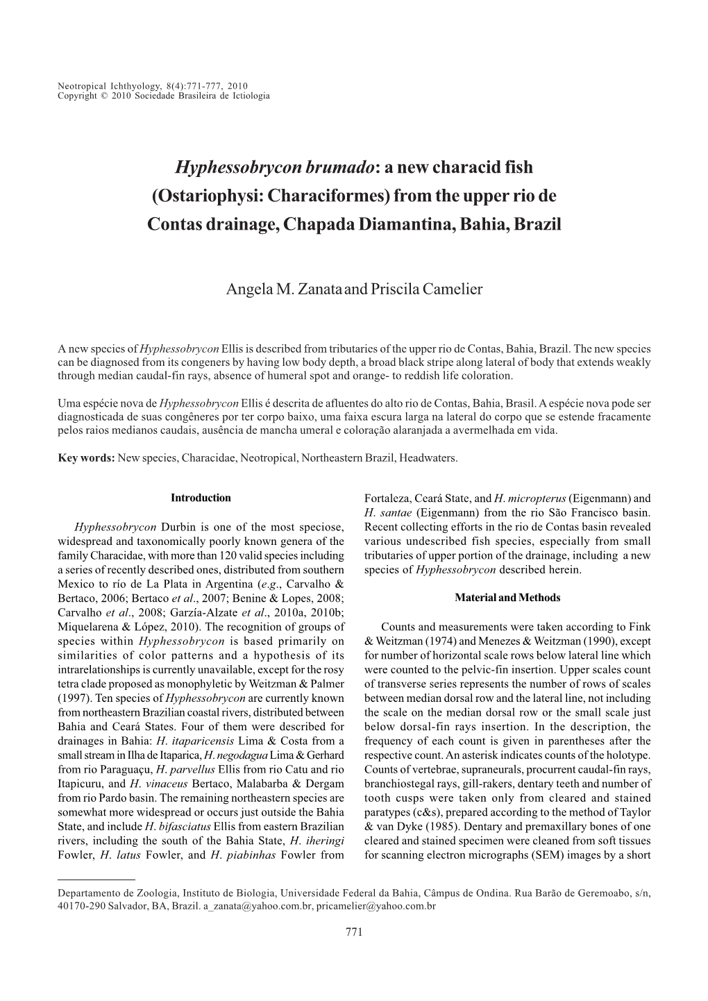 Hyphessobrycon Brumado: a New Characid Fish (Ostariophysi: Characiformes) from the Upper Rio De Contas Drainage, Chapada Diamantina, Bahia, Brazil