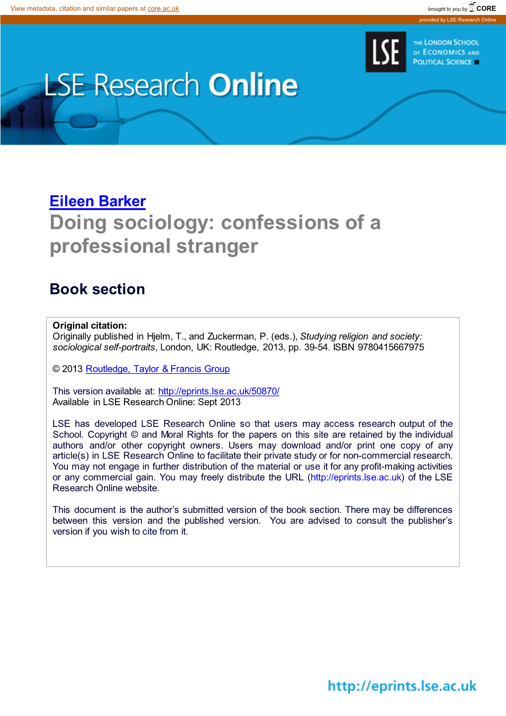 Doing Sociology: Confessions of a Professional Stranger