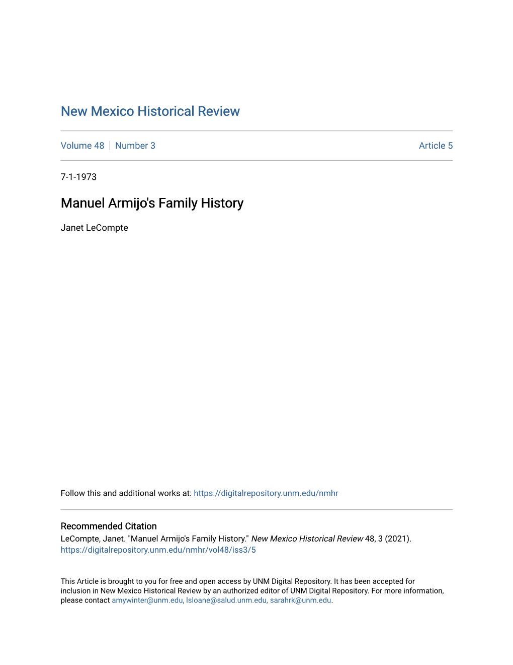 Manuel Armijo's Family History