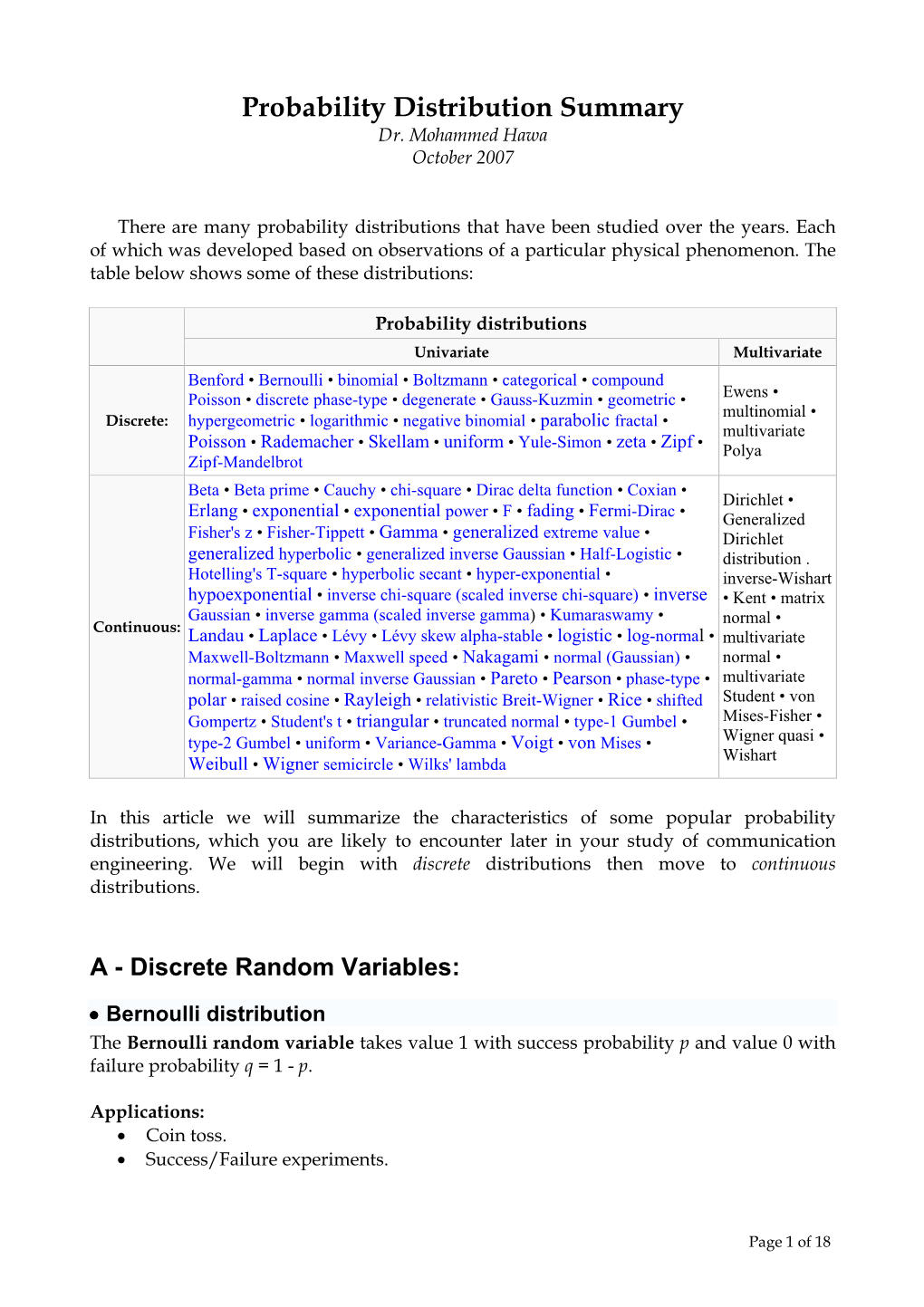 Probability Distribution Summary Dr