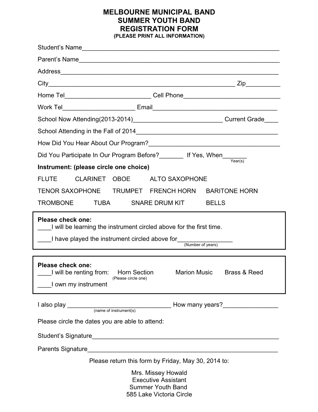 Mmb/Pal Band Summer Music Camp Registration Form