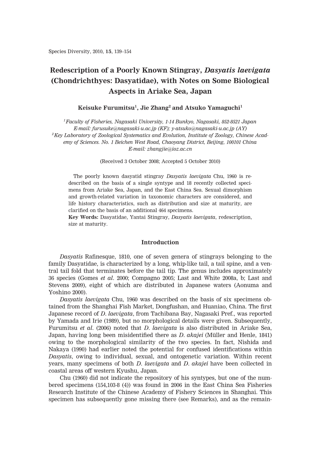 Redescription of a Poorly Known Stingray, Dasyatis Laevigata (Chondrichthyes: Dasyatidae), with Notes on Some Biological Aspects in Ariake Sea, Japan