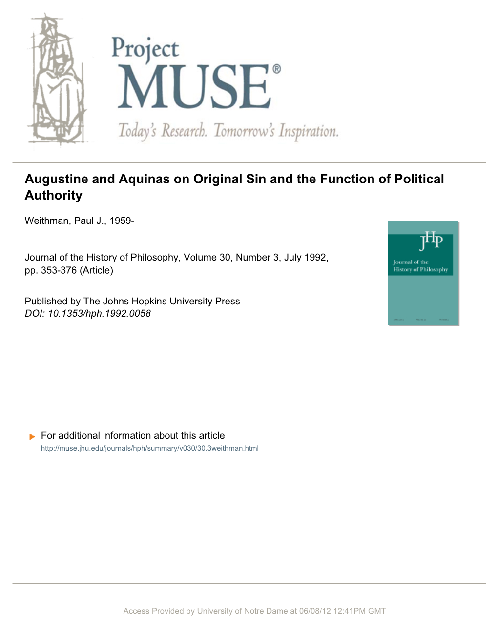 Augustine and Aquinas on Original Sin and the Function of Political Authority