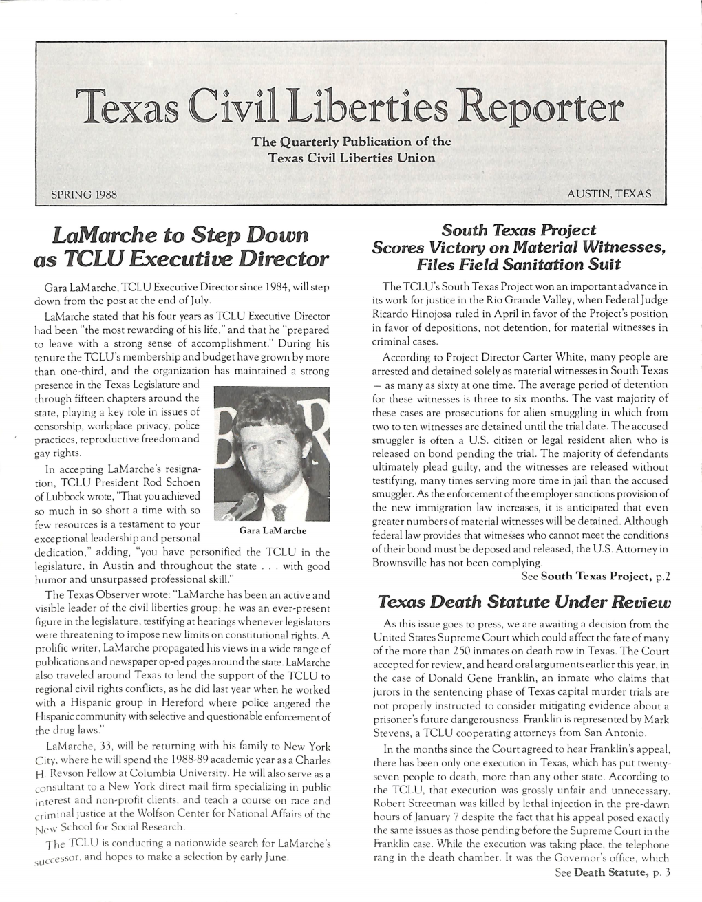 Texas Civil Liberties Reporter the Quarterly Publication of the Texas Civil Liberties Union