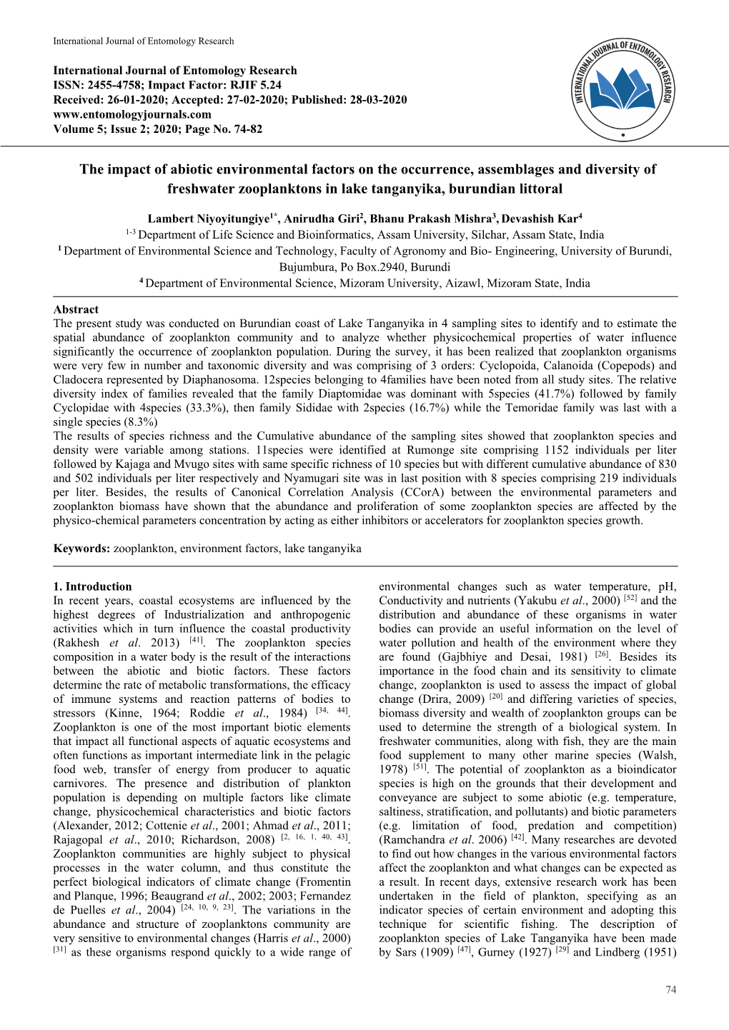 The Impact of Abiotic Environmental Factors on the Occurrence, Assemblages and Diversity of Freshwater Zooplanktons in Lake Tanganyika, Burundian Littoral