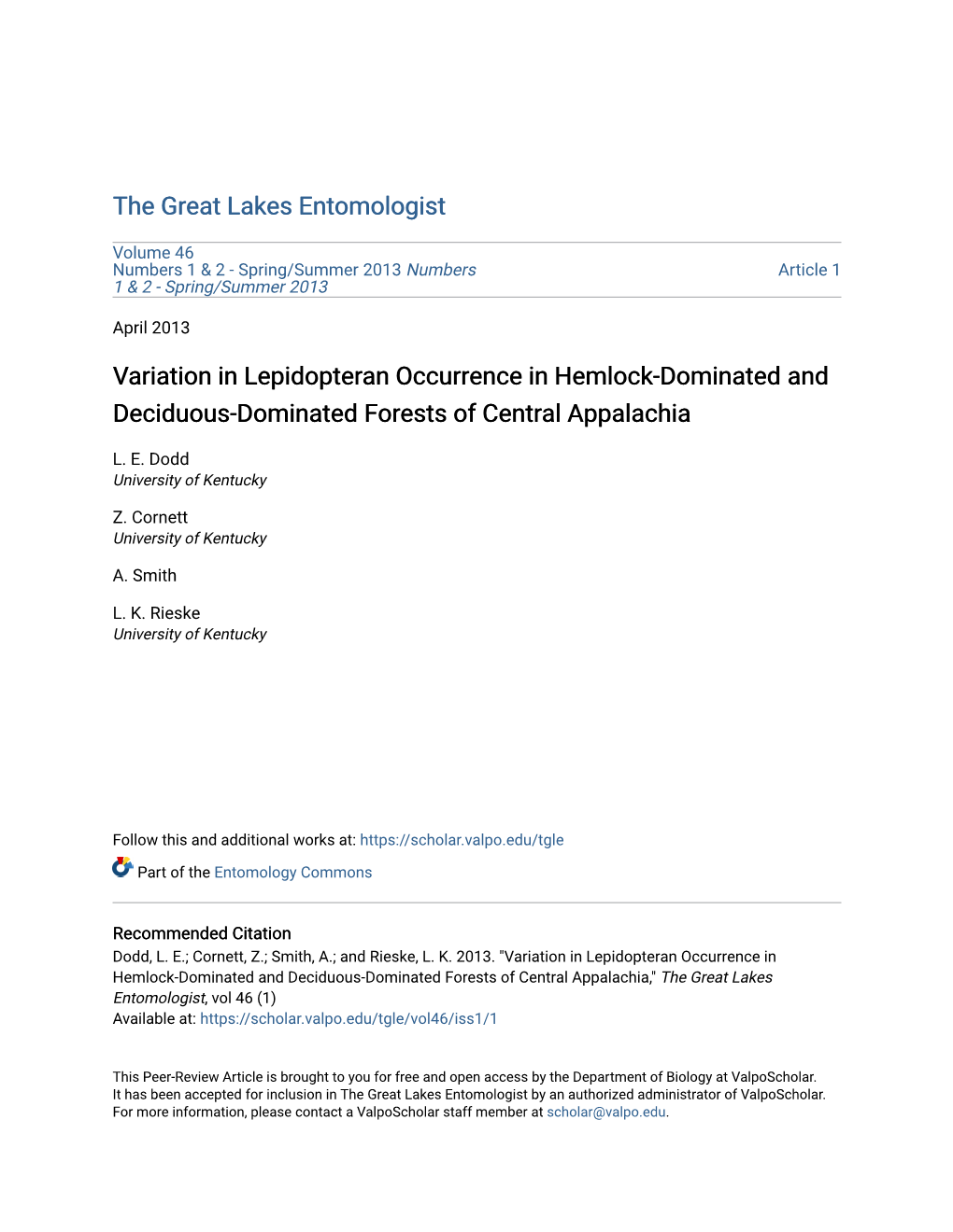 Variation in Lepidopteran Occurrence in Hemlock-Dominated and Deciduous-Dominated Forests of Central Appalachia