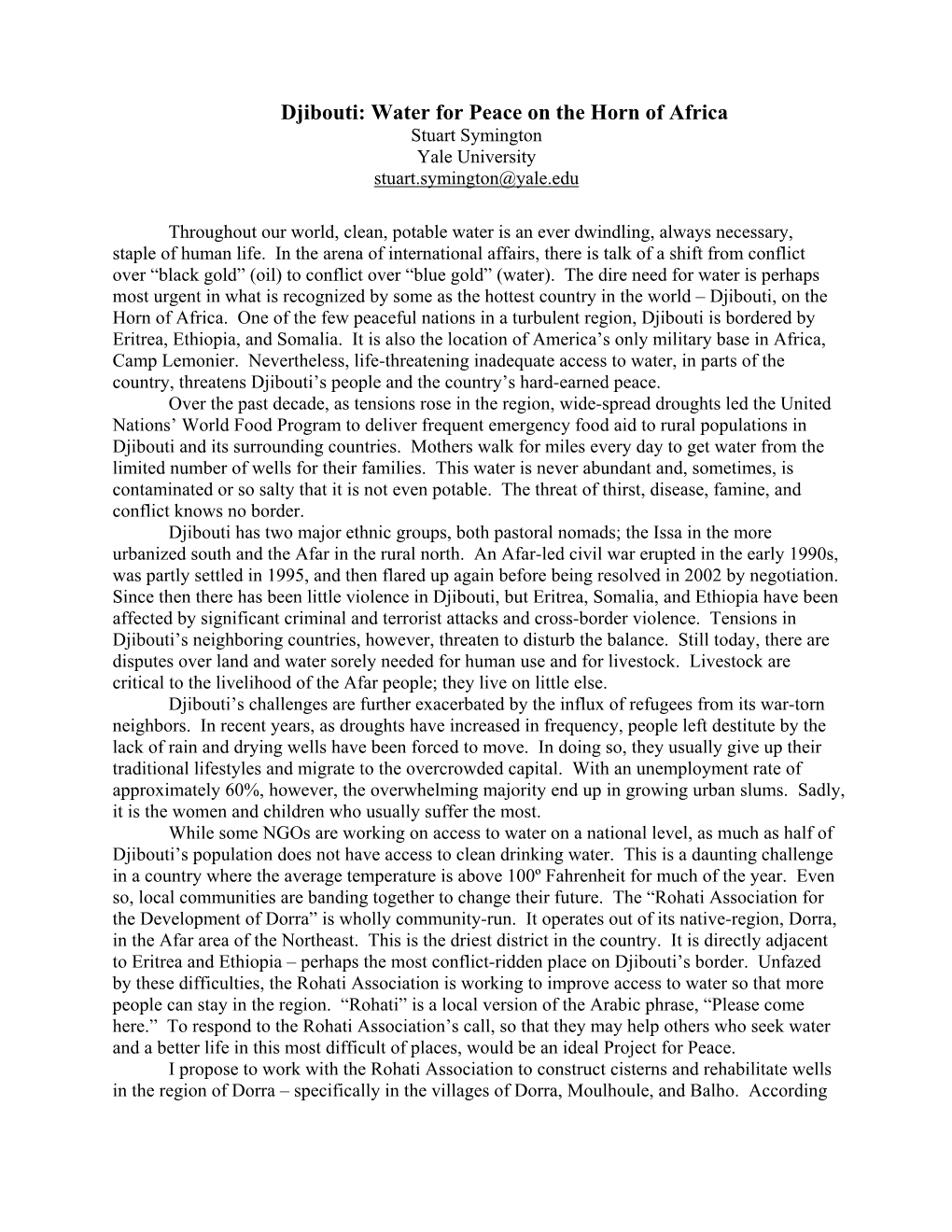 Djibouti: Water for Peace on the Horn of Africa Stuart Symington Yale University Stuart.Symington@Yale.Edu