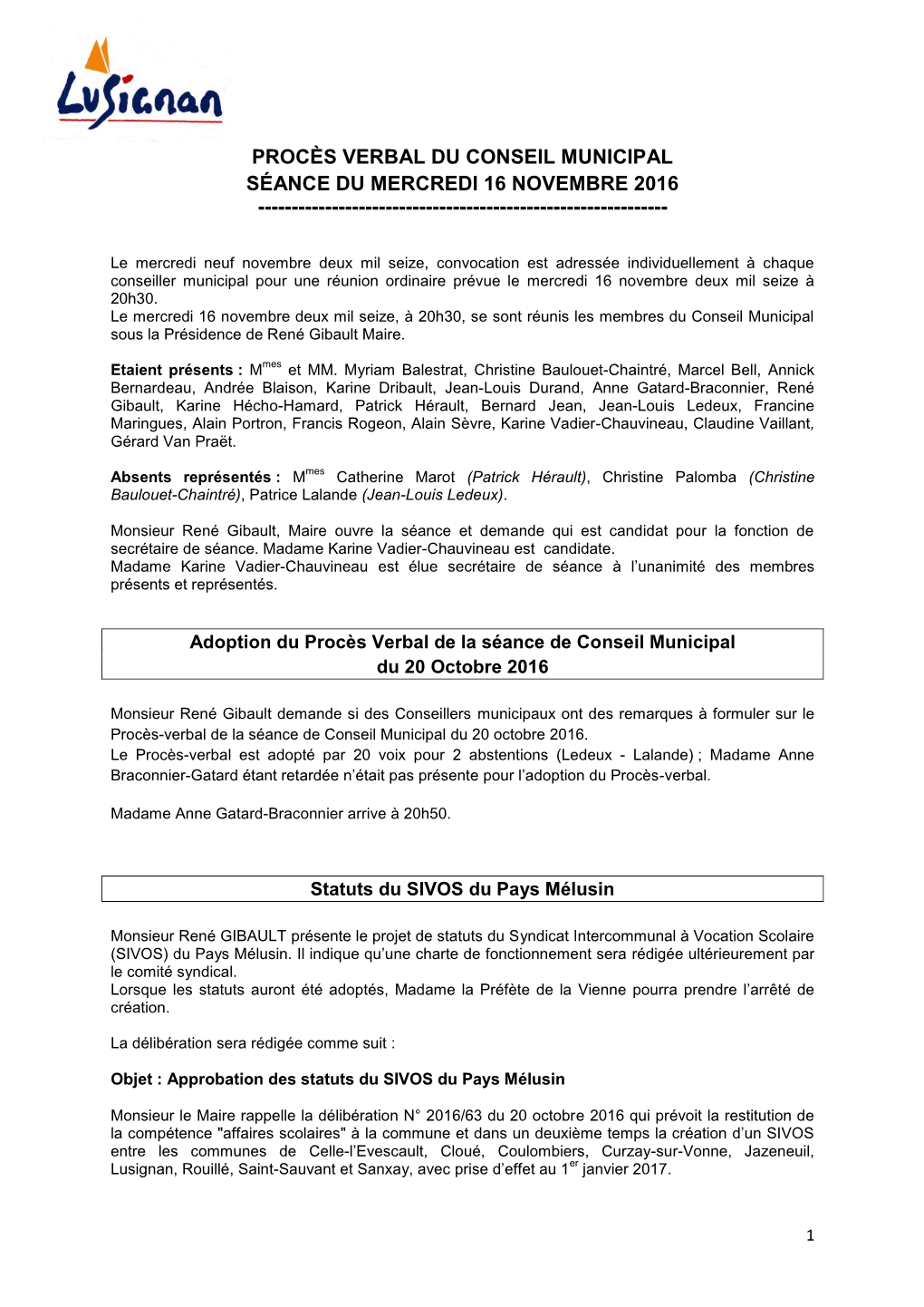 Procès Verbal Du Conseil Municipal Séance Du Mercredi 16 Novembre 2016