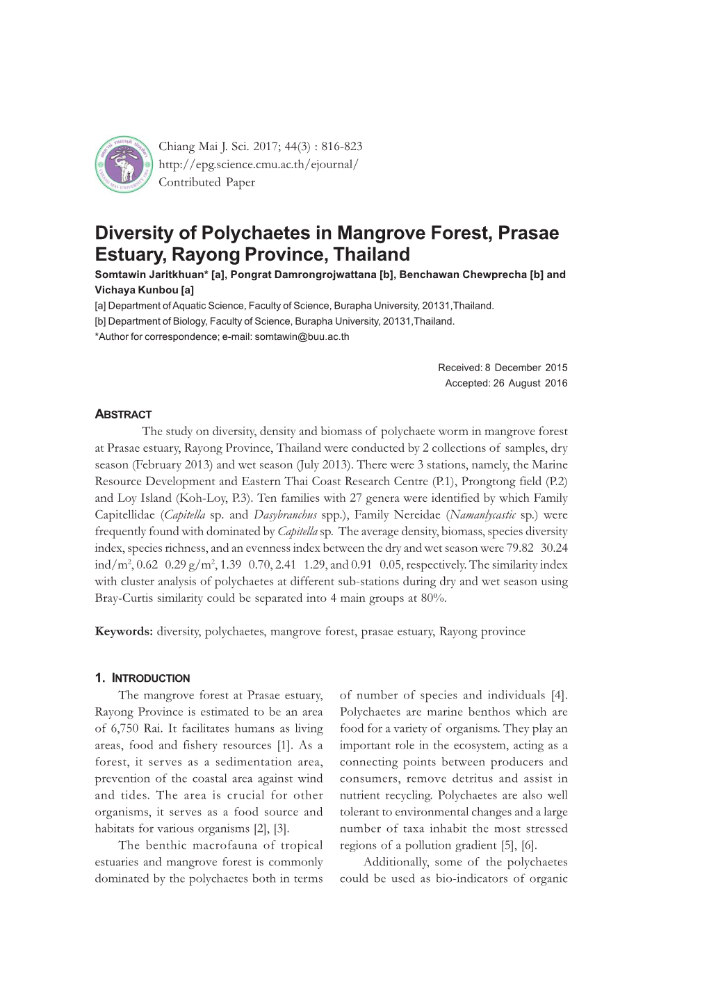 Diversity of Polychaetes in Mangrove Forest, Prasae Estuary