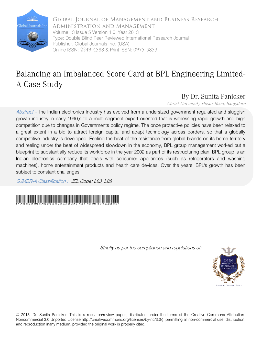Balancing an Imbalanced Score Card at BPL Engineering Limited-A Case Study