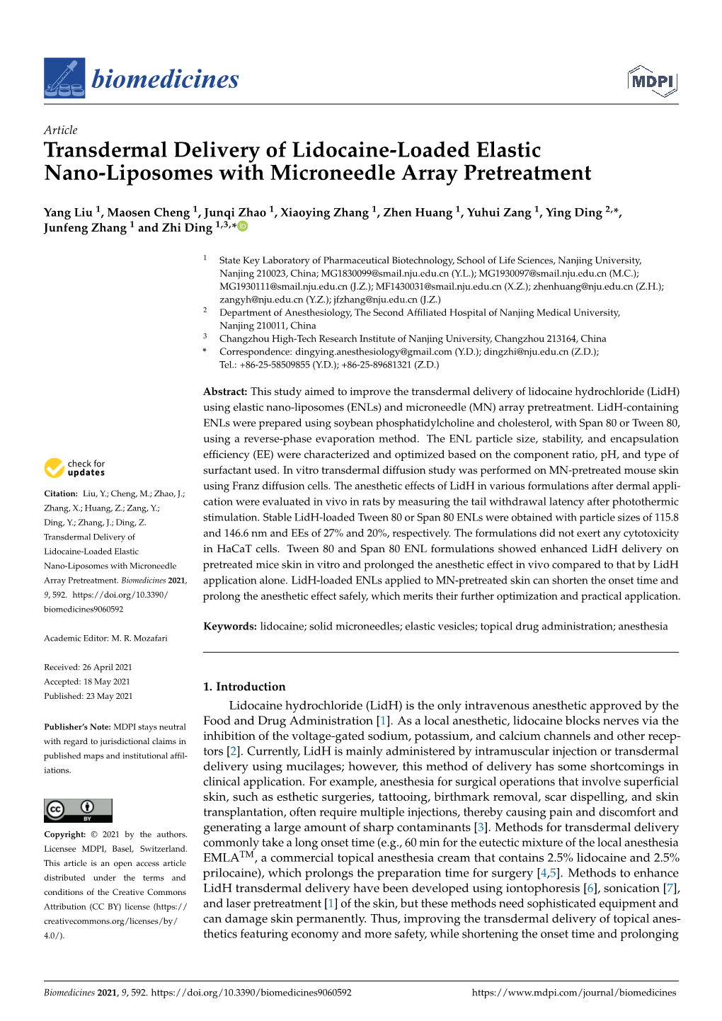 Transdermal Delivery of Lidocaine-Loaded Elastic Nano-Liposomes with Microneedle Array Pretreatment