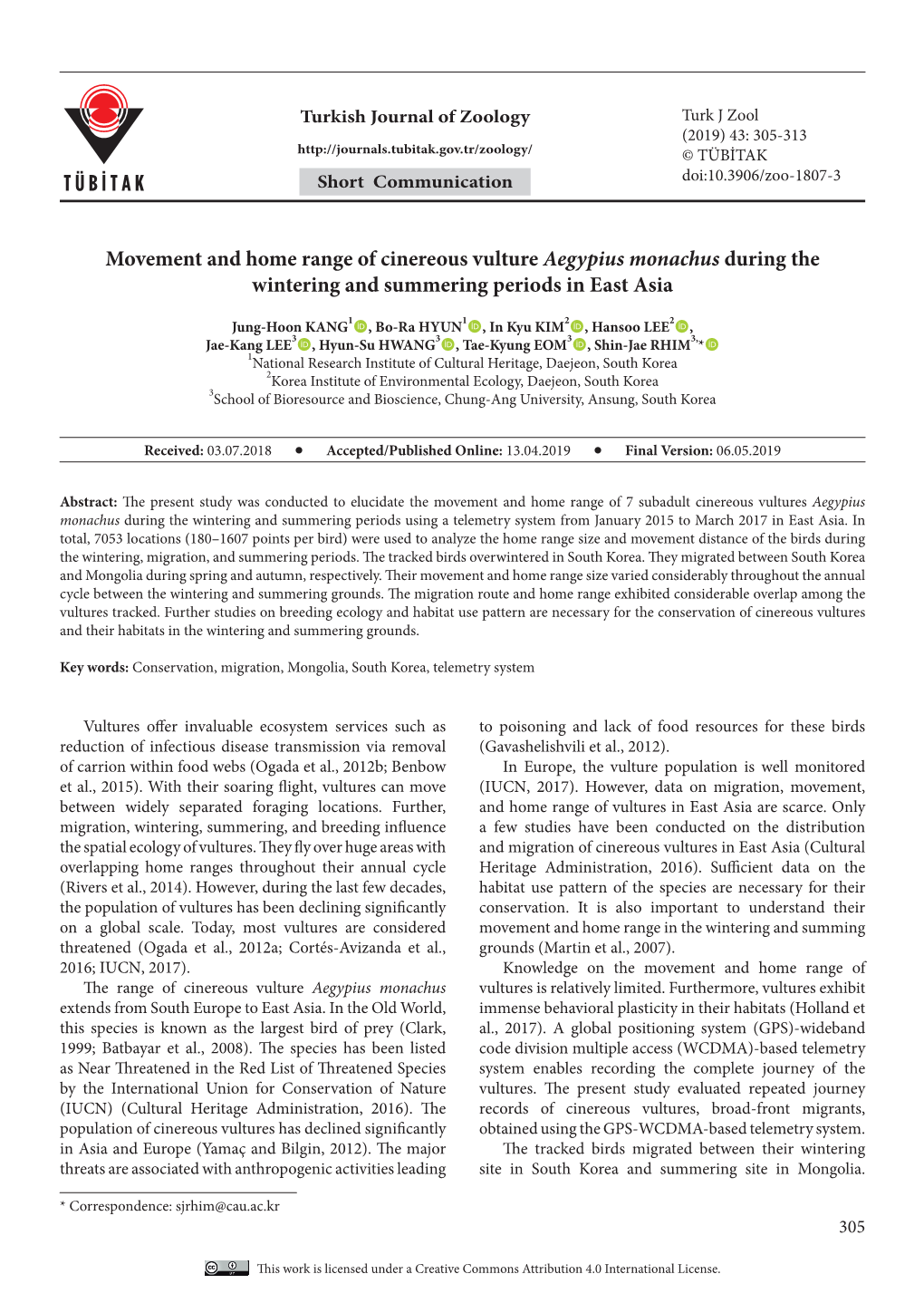 Movement and Home Range of Cinereous Vulture Aegypius Monachus During the Wintering and Summering Periods in East Asia