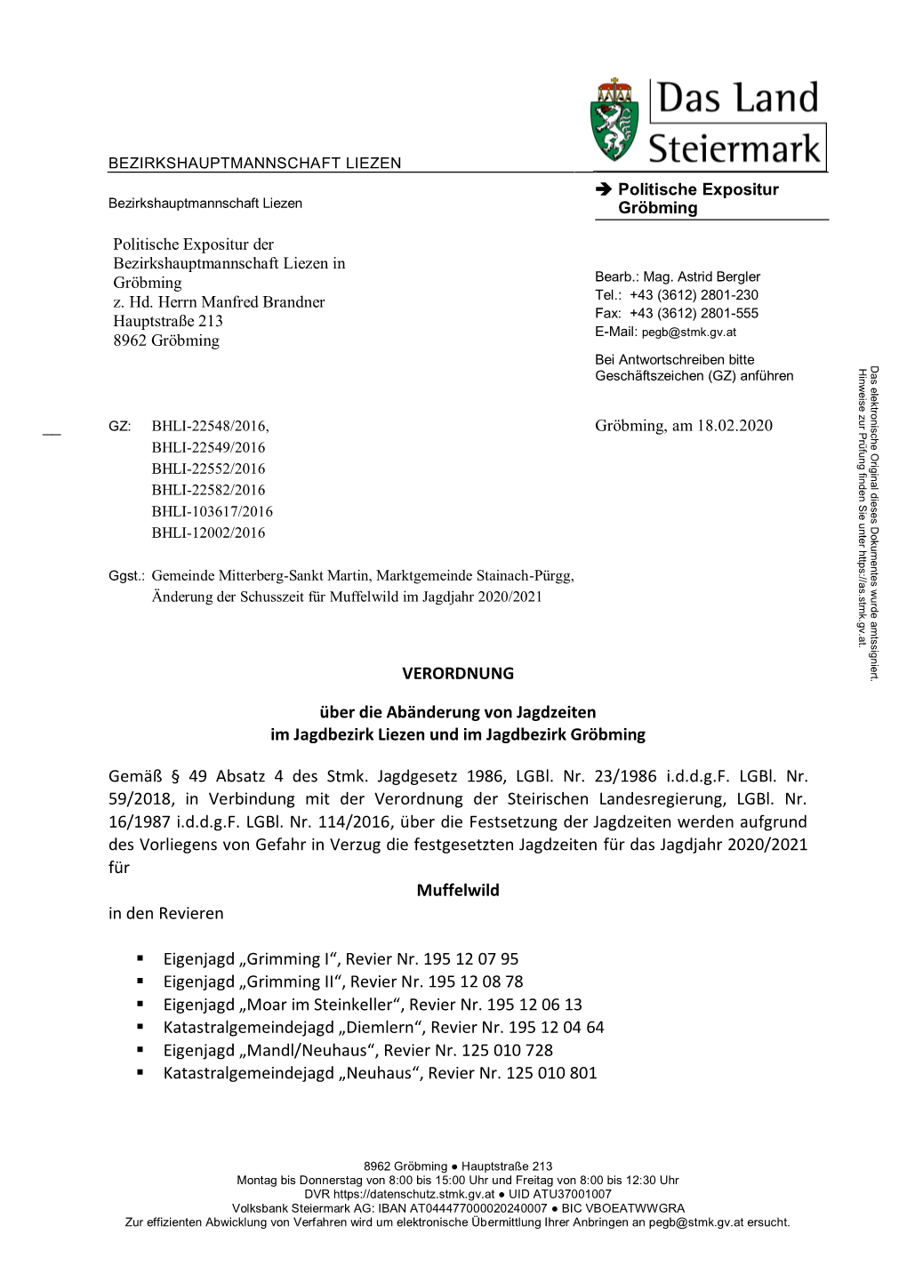 Gemeinde Mitterberg-Sankt Martin, Marktgemeinde Stainach-Pürgg, Änderung Der Schusszeit Für Muffelwild Im Jagdjahr 2020/2021