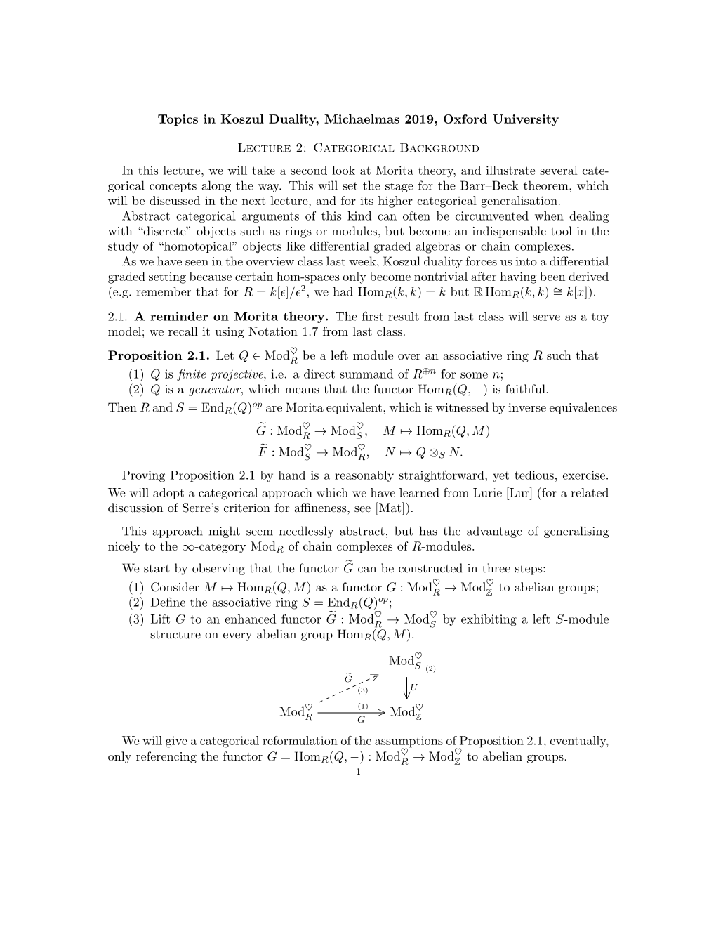 Topics in Koszul Duality, Michaelmas 2019, Oxford University Lecture 2