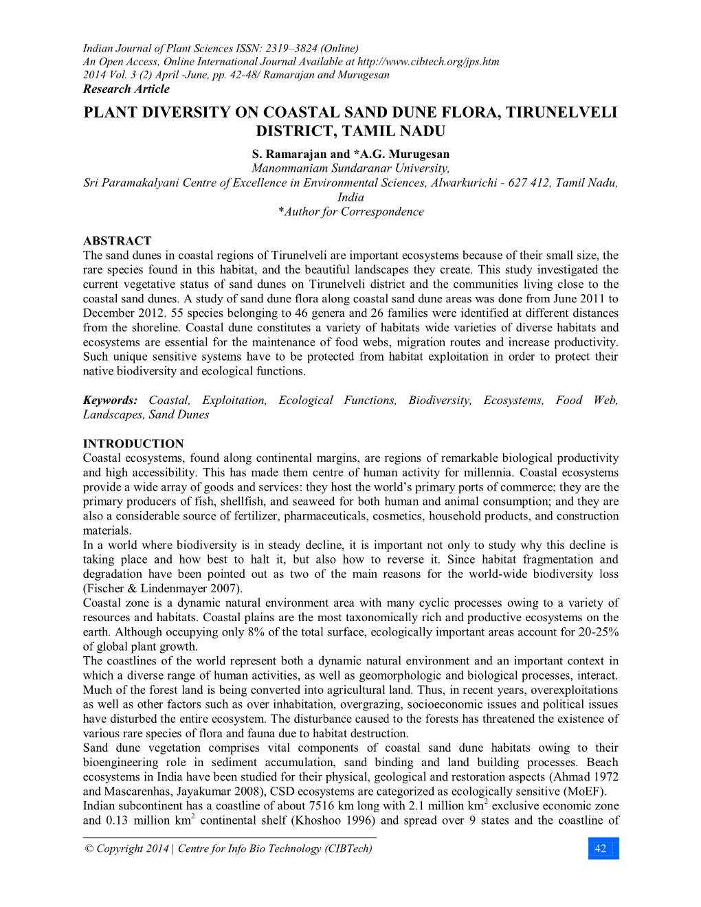 Plant Diversity on Coastal Sand Dune Flora, Tirunelveli District, Tamil Nadu S