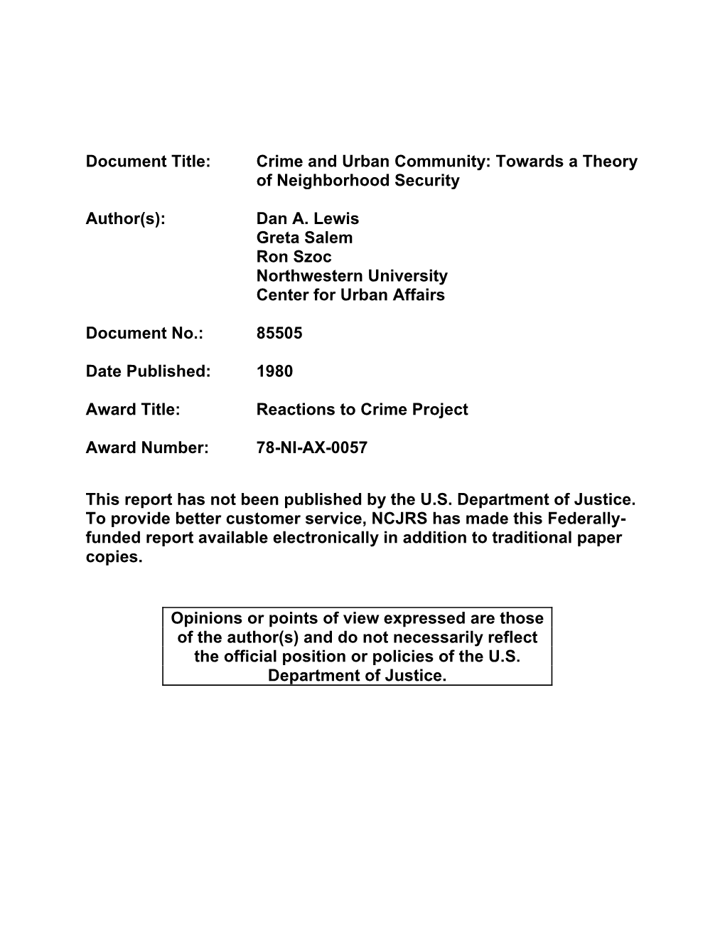 Volume III Crime and Urban Community: Towards a Theory Of