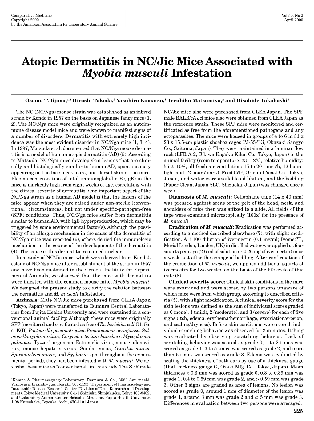 Atopic Dermatitis in NC/Jic Mice Associated With<I> Myobia Musculi