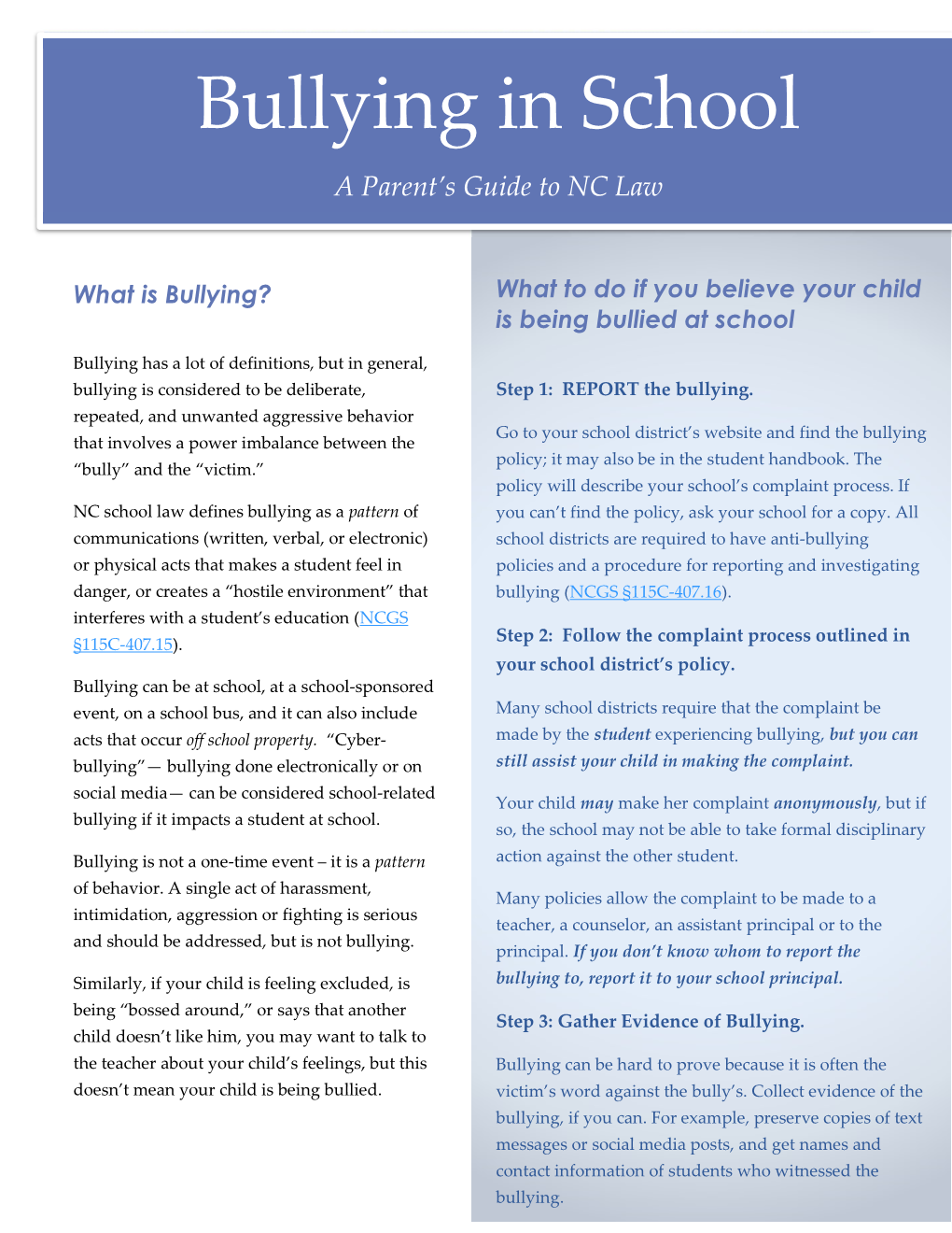 Bullying in School: a Parent's Guide to NC