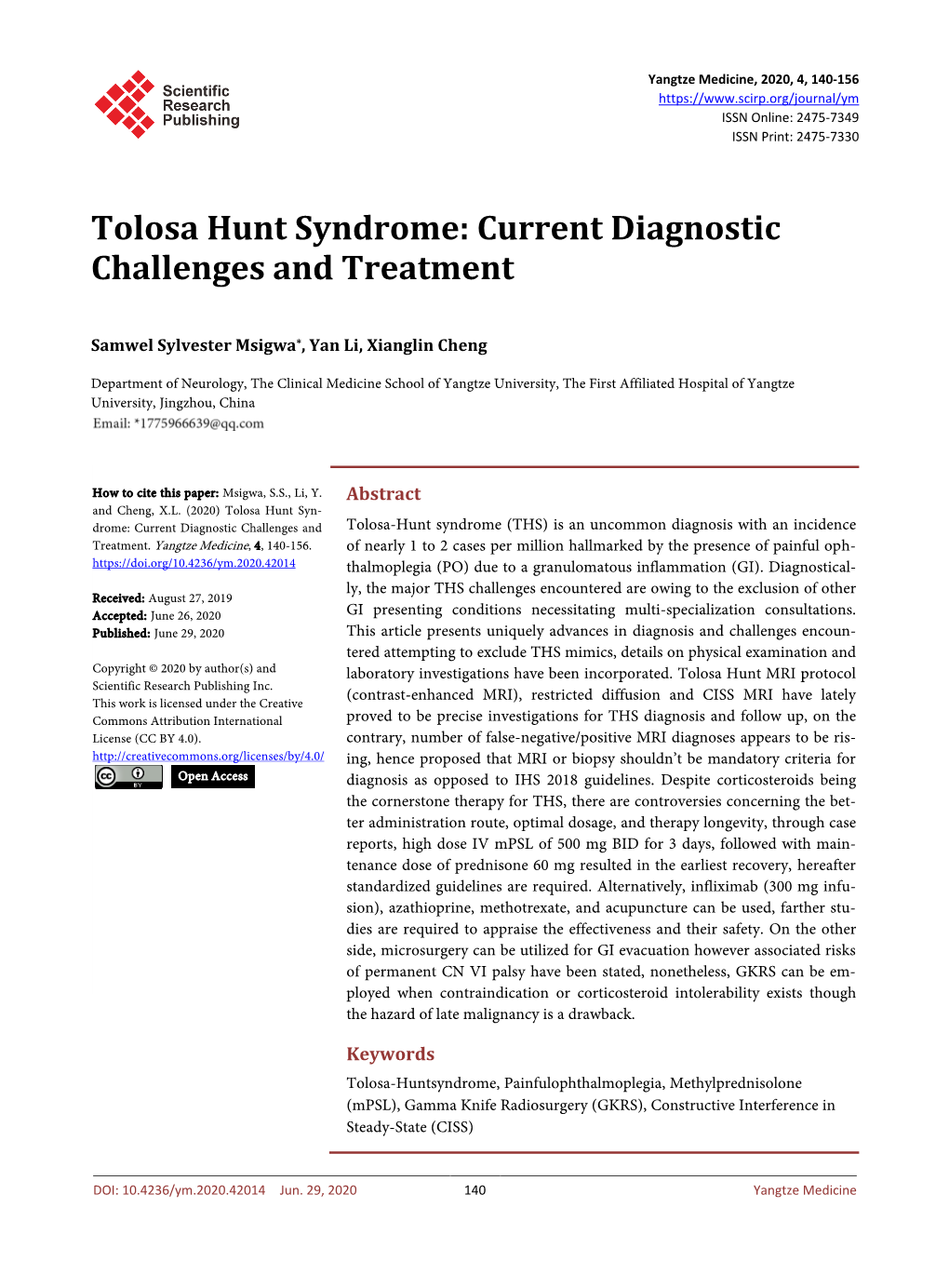 Tolosa Hunt Syndrome: Current Diagnostic Challenges and Treatment