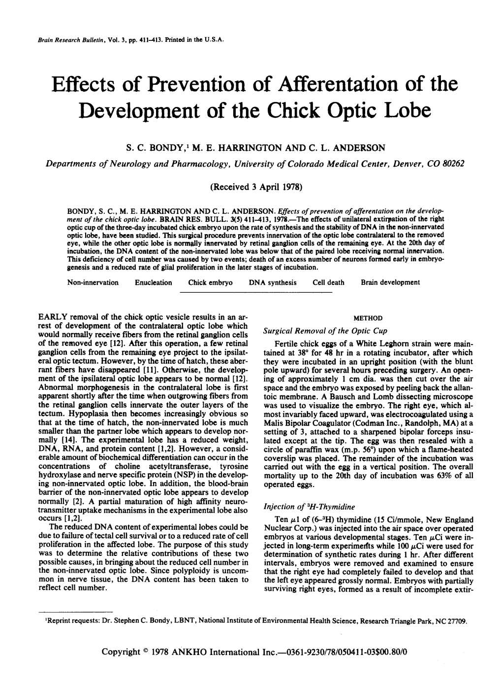 Effects of Prevention of Aff Erentation of the Development of the Chick