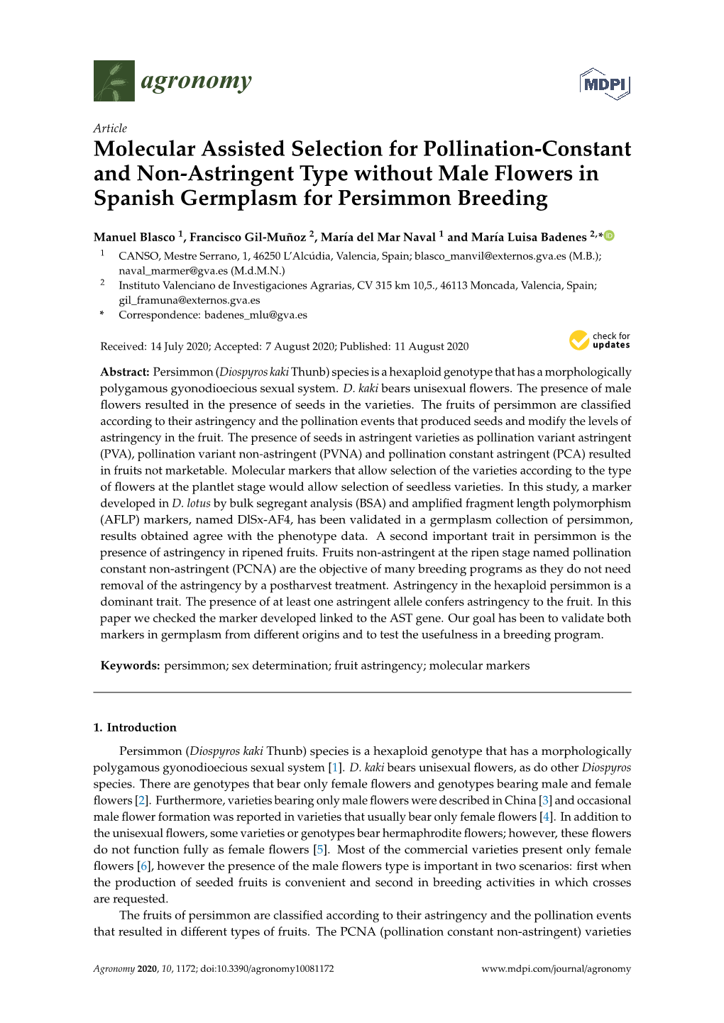 Molecular Assisted Selection for Pollination-Constant and Non-Astringent Type Without Male Flowers in Spanish Germplasm for Persimmon Breeding
