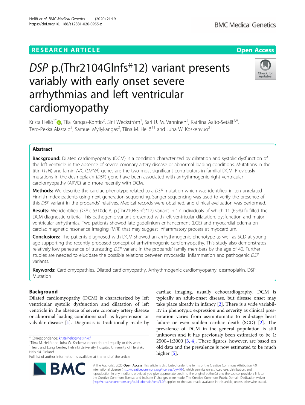 DSP P.(Thr2104glnfs*12) Variant Presents Variably with Early Onset