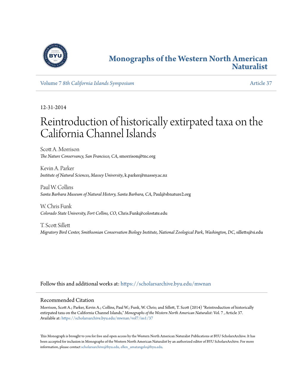 Reintroduction of Historically Extirpated Taxa on the California Channel Islands Scott A