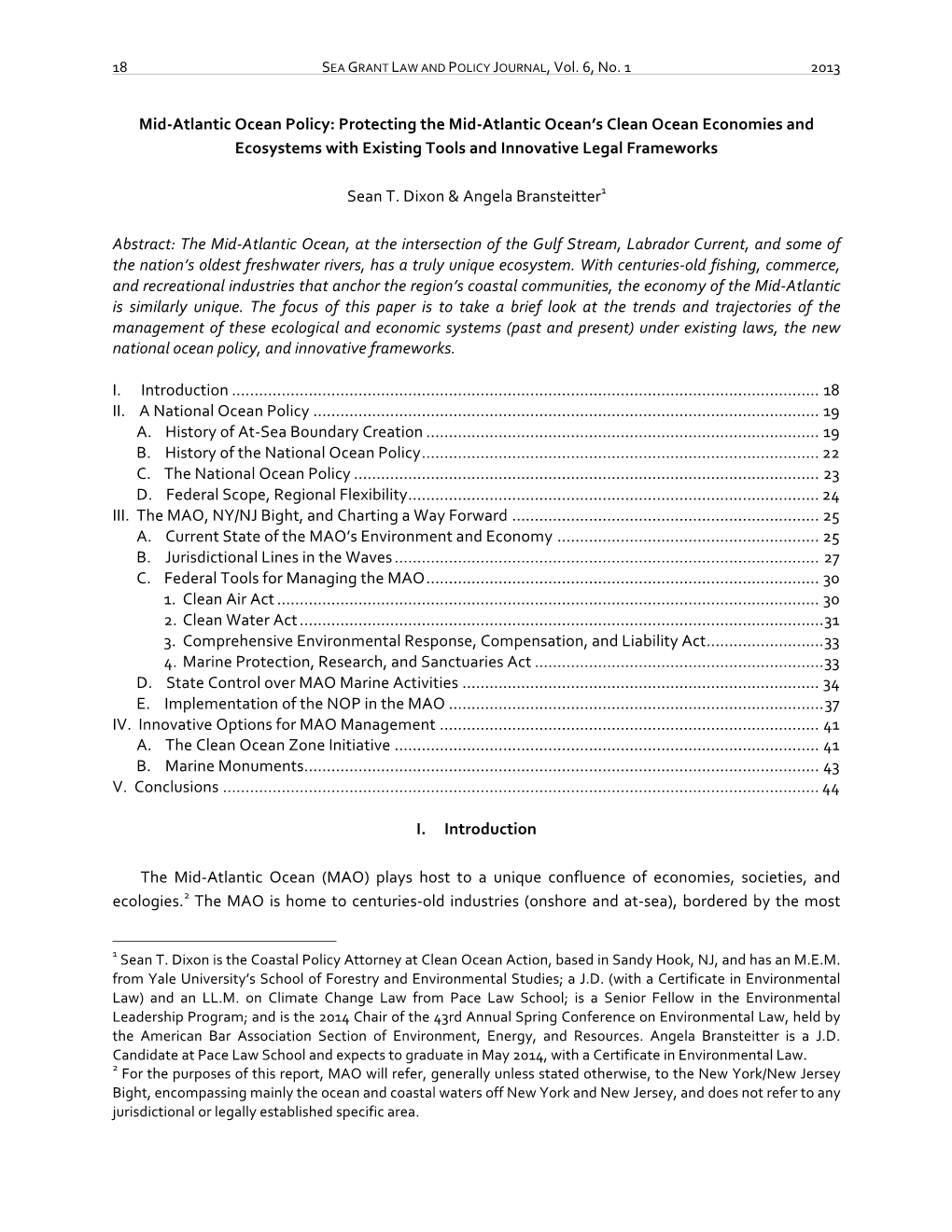 Mid-Atlantic Ocean Policy: Protecting the Mid-Atlantic Ocean’S Clean Ocean Economies and Ecosystems with Existing Tools and Innovative Legal Frameworks