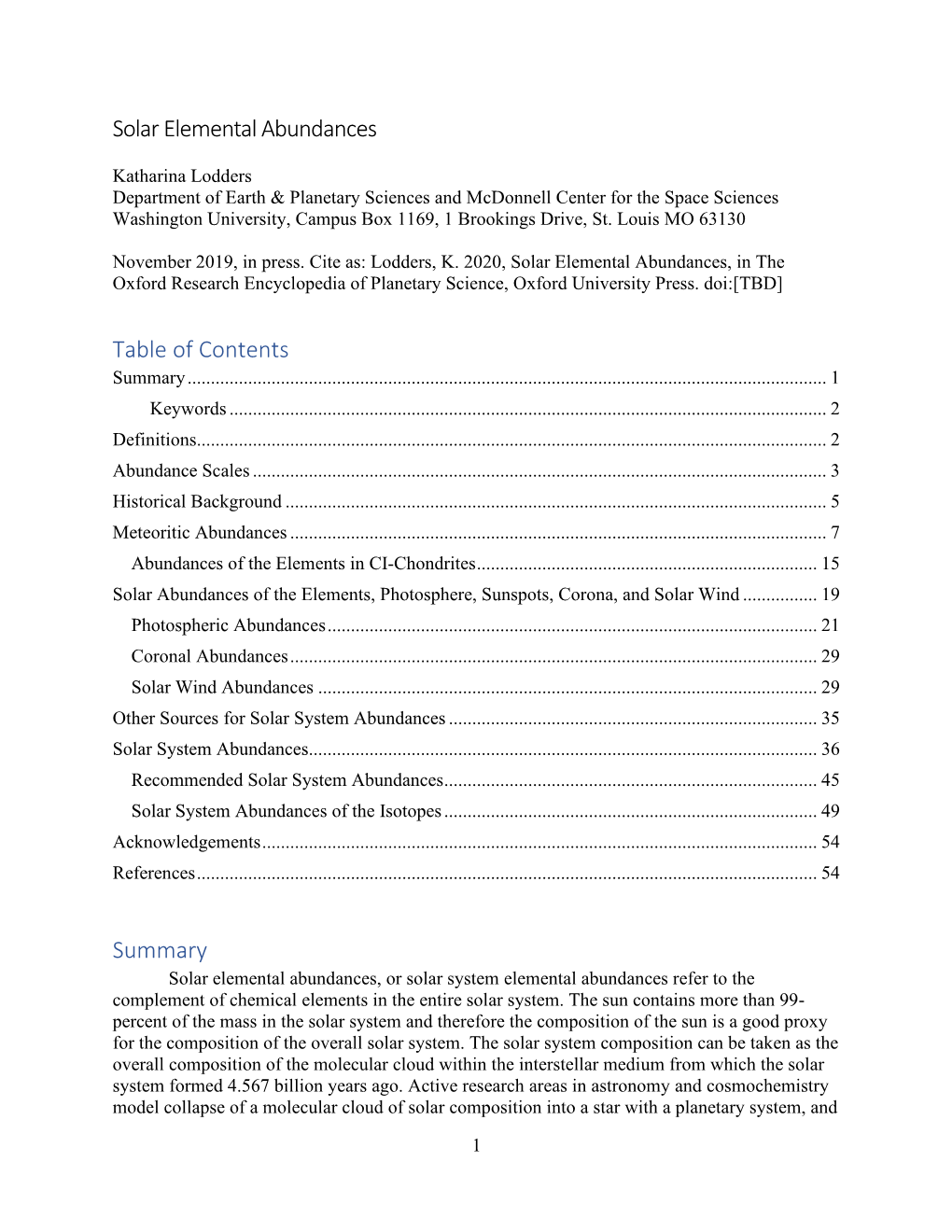 Solar Elemental Abundances Table of Contents Summary