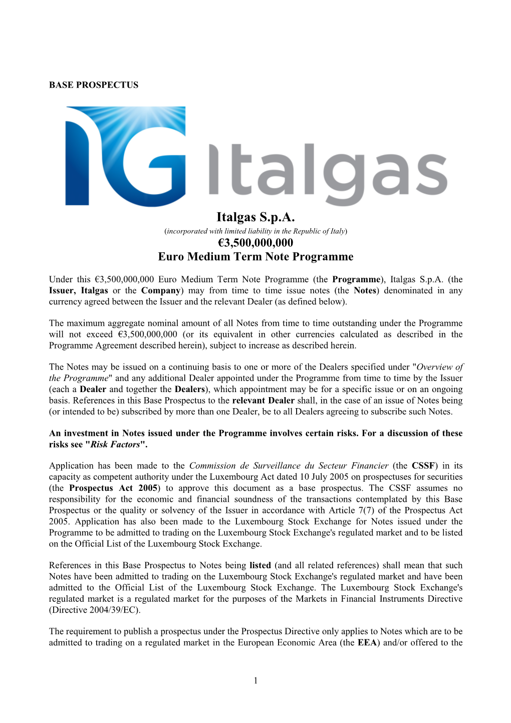 Italgas S.P.A. (Incorporated with Limited Liability in the Republic of Italy) €3,500,000,000 Euro Medium Term Note Programme