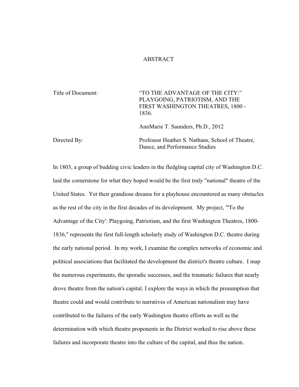 Playgoing, Patriotism, and the First Washington Theatres, 1800 - 1836