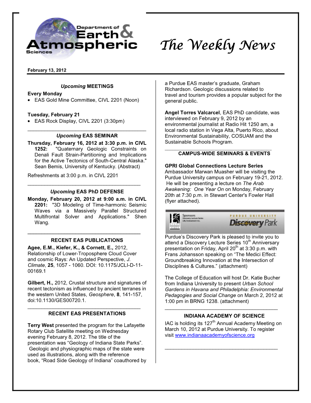 EAS Weekly Newsletter: February 13, 2012